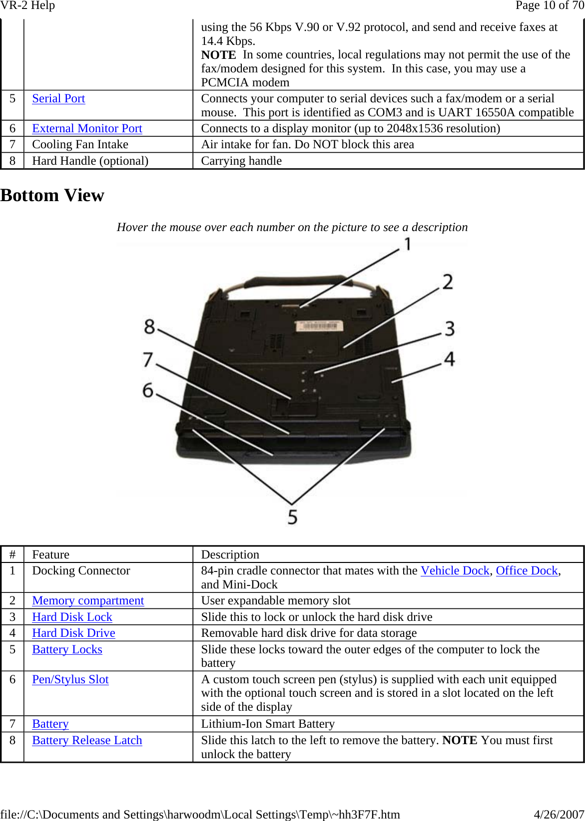 Bottom View Hover the mouse over each number on the picture to see a description    using the 56 Kbps V.90 or V.92 protocol, and send and receive faxes at 14.4 Kbps. NOTE  In some countries, local regulations may not permit the use of the fax/modem designed for this system.  In this case, you may use a PCMCIA modem 5  Serial Port Connects your computer to serial devices such a fax/modem or a serial mouse.  This port is identified as COM3 and is UART 16550A compatible 6  External Monitor Port Connects to a display monitor (up to 2048x1536 resolution) 7  Cooling Fan Intake  Air intake for fan. Do NOT block this area 8  Hard Handle (optional)  Carrying handle #  Feature  Description 1  Docking Connector  84-pin cradle connector that mates with the Vehicle Dock, Office Dock, and Mini-Dock 2  Memory compartment User expandable memory slot 3  Hard Disk Lock Slide this to lock or unlock the hard disk drive 4  Hard Disk Drive Removable hard disk drive for data storage 5  Battery Locks Slide these locks toward the outer edges of the computer to lock the battery 6   Pen/Stylus Slot A custom touch screen pen (stylus) is supplied with each unit equipped with the optional touch screen and is stored in a slot located on the left side of the display 7  Battery Lithium-Ion Smart Battery 8  Battery Release Latch Slide this latch to the left to remove the battery. NOTE You must first unlock the battery Page 10 of 70VR-2 Help4/26/2007file://C:\Documents and Settings\harwoodm\Local Settings\Temp\~hh3F7F.htm