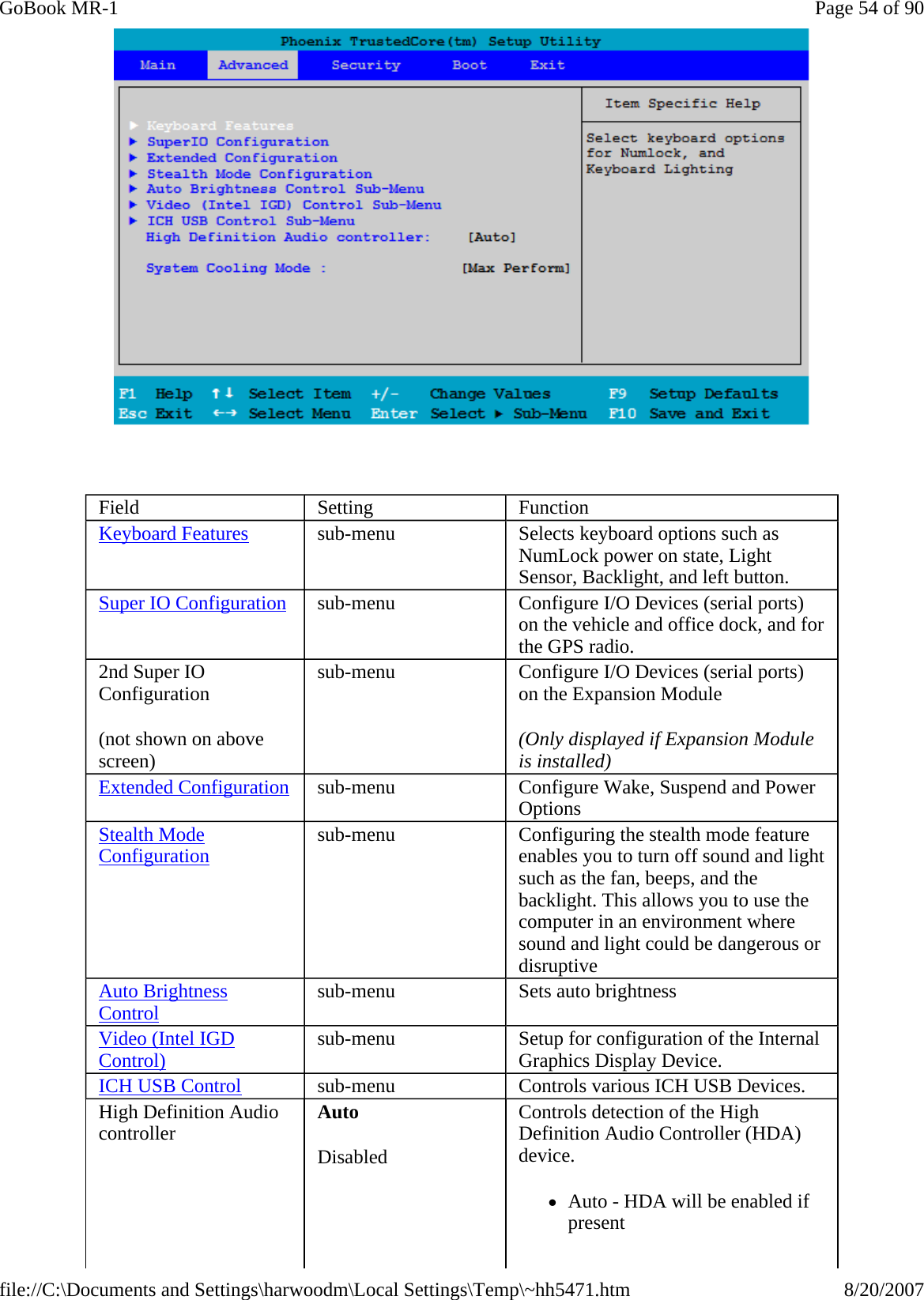    Field  Setting  Function Keyboard Features sub-menu  Selects keyboard options such as NumLock power on state, Light Sensor, Backlight, and left button. Super IO Configuration sub-menu  Configure I/O Devices (serial ports) on the vehicle and office dock, and for the GPS radio. 2nd Super IO Configuration (not shown on above screen) sub-menu  Configure I/O Devices (serial ports) on the Expansion Module (Only displayed if Expansion Module is installed) Extended Configuration sub-menu  Configure Wake, Suspend and Power Options Stealth Mode Configuration sub-menu  Configuring the stealth mode feature enables you to turn off sound and light such as the fan, beeps, and the backlight. This allows you to use the computer in an environment where sound and light could be dangerous or disruptive Auto Brightness Control sub-menu  Sets auto brightness Video (Intel IGD Control) sub-menu  Setup for configuration of the Internal Graphics Display Device. ICH USB Control sub-menu  Controls various ICH USB Devices. High Definition Audio controller  Auto Disabled Controls detection of the High Definition Audio Controller (HDA) device. zAuto - HDA will be enabled if present Page 54 of 90GoBook MR-18/20/2007file://C:\Documents and Settings\harwoodm\Local Settings\Temp\~hh5471.htm