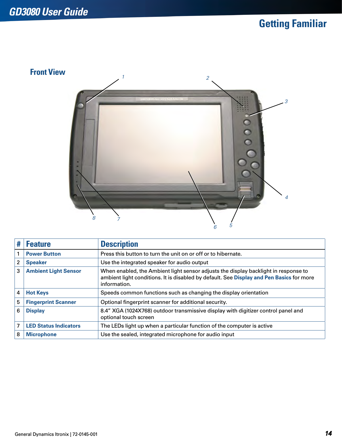 General Dynamics Itronix | 72-0145-001GD3080 User GuideFront View 12345768#Feature Description1Power Button Press this button to turn the unit on or off or to hibernate.2Speaker Use the integrated speaker for audio output3Ambient Light Sensor When enabled, the Ambient light sensor adjusts the display backlight in response to ambient light conditions. It is disabled by default. See Display and Pen Basics for more information.4Hot Keys Speeds common functions such as changing the display orientation5Fingerprint Scanner Optional ﬁngerprint scanner for additional security.6Display 8.4” XGA (1024X768) outdoor transmissive display with digitizer control panel and optional touch screen7LED Status Indicators The LEDs light up when a particular function of the computer is active8Microphone Use the sealed, integrated microphone for audio inputGetting Familiar