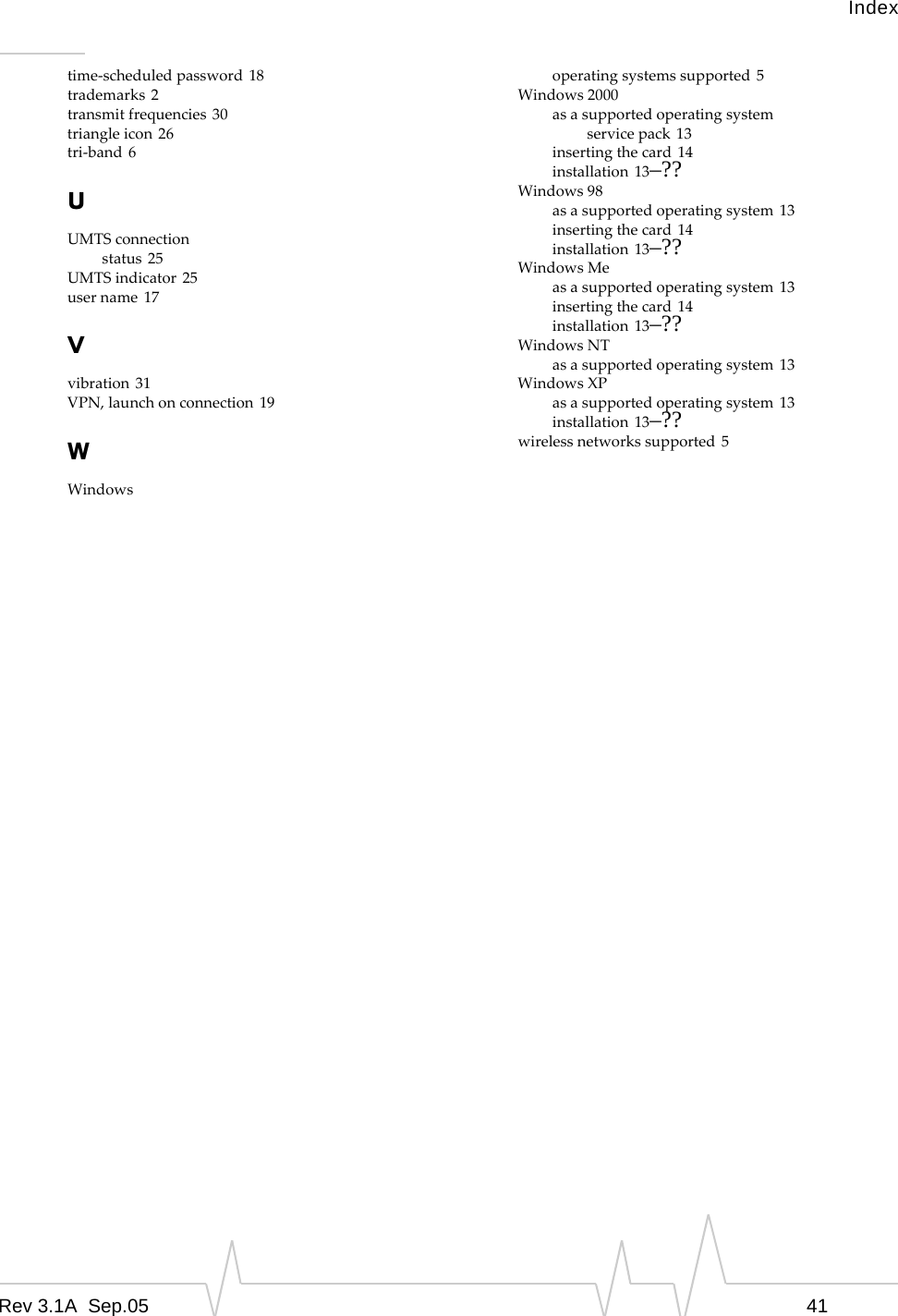 IndexRev 3.1A  Sep.05 41time-scheduled password 18trademarks 2transmit frequencies 30triangle icon 26tri-band 6UUMTS connectionstatus 25UMTS indicator 25user name 17Vvibration 31VPN, launch on connection 19WWindowsoperating systems supported 5Windows 2000as a supported operating systemservice pack 13inserting the card 14installation 13–??Windows 98as a supported operating system 13inserting the card 14installation 13–??Windows Meas a supported operating system 13inserting the card 14installation 13–??Windows NTas a supported operating system 13Windows XPas a supported operating system 13installation 13–??wireless networks supported 5