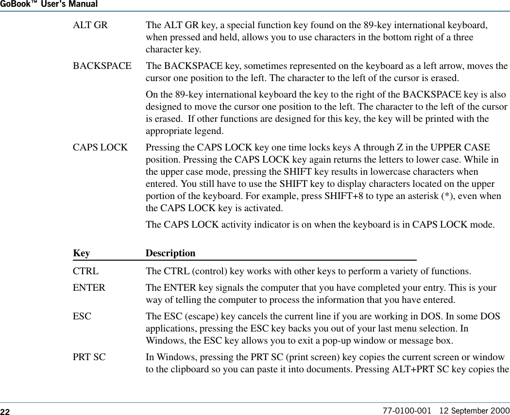 22GoBook Users Manual77-0100-001   12 September 2000ALT GR The ALT GR key, a special function key found on the 89-key international keyboard,when pressed and held, allows you to use characters in the bottom right of a threecharacter key.BACKSPACE The BACKSPACE key, sometimes represented on the keyboard as a left arrow, moves thecursor one position to the left. The character to the left of the cursor is erased.On the 89-key international keyboard the key to the right of the BACKSPACE key is alsodesigned to move the cursor one position to the left. The character to the left of the cursoris erased.  If other functions are designed for this key, the key will be printed with theappropriate legend.CAPS LOCK Pressing the CAPS LOCK key one time locks keys A through Z in the UPPER CASEposition. Pressing the CAPS LOCK key again returns the letters to lower case. While inthe upper case mode, pressing the SHIFT key results in lowercase characters whenentered. You still have to use the SHIFT key to display characters located on the upperportion of the keyboard. For example, press SHIFT+8 to type an asterisk (*), even whenthe CAPS LOCK key is activated. The CAPS LOCK activity indicator is on when the keyboard is in CAPS LOCK mode.Key DescriptionCTRL The CTRL (control) key works with other keys to perform a variety of functions.ENTER The ENTER key signals the computer that you have completed your entry. This is yourway of telling the computer to process the information that you have entered.ESC The ESC (escape) key cancels the current line if you are working in DOS. In some DOSapplications, pressing the ESC key backs you out of your last menu selection. InWindows, the ESC key allows you to exit a pop-up window or message box.PRT SC In Windows, pressing the PRT SC (print screen) key copies the current screen or windowto the clipboard so you can paste it into documents. Pressing ALT+PRT SC key copies the