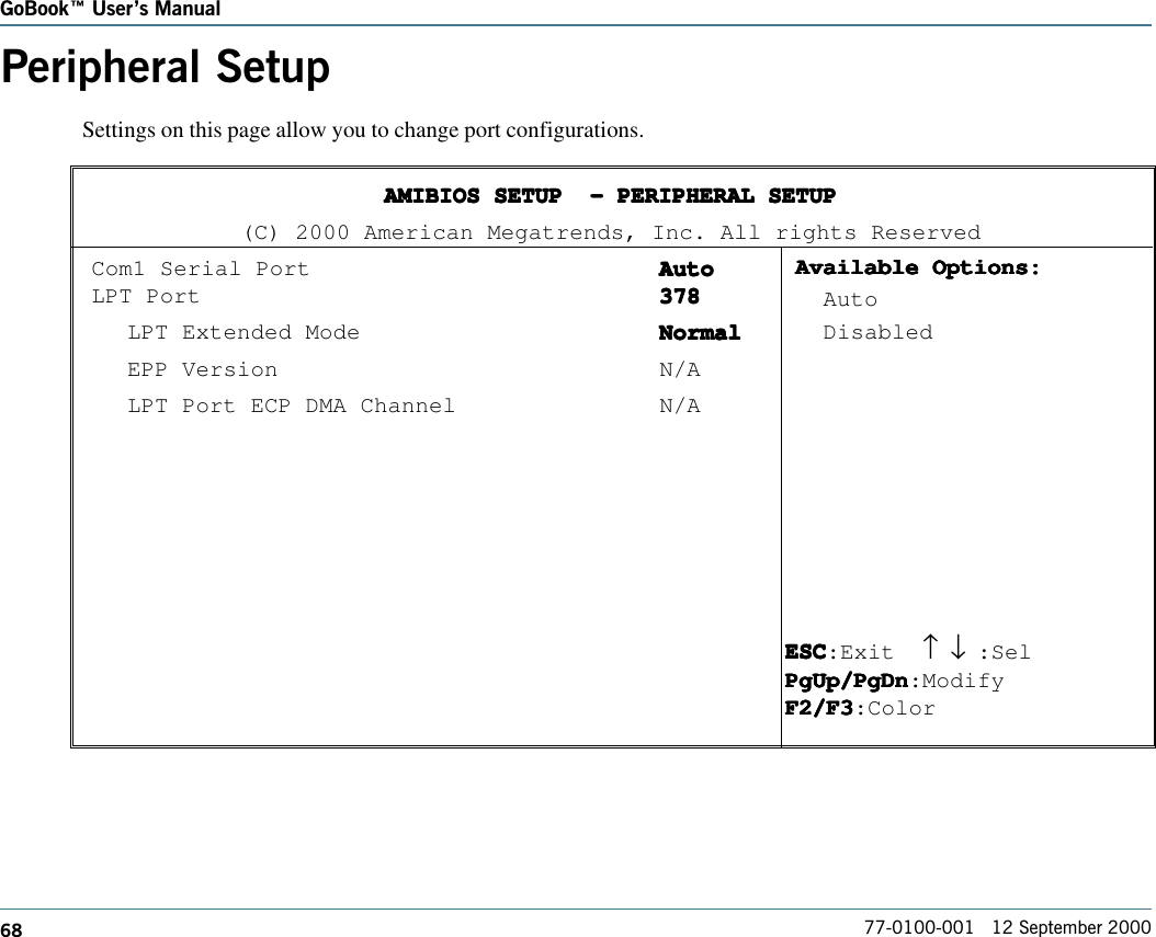 68GoBook Users Manual77-0100-001   12 September 2000Peripheral SetupSettings on this page allow you to change port configurations.AMIBIOS SETUP  - PERIPHERAL SETUPAMIBIOS SETUP  - PERIPHERAL SETUPAMIBIOS SETUP  - PERIPHERAL SETUPAMIBIOS SETUP  - PERIPHERAL SETUPAMIBIOS SETUP  - PERIPHERAL SETUP(C) 2000 American Megatrends, Inc. All rights ReservedCom1 Serial Port AutoAutoAutoAutoAutoLPT Port 378378378378378LPT Extended Mode NormalNormalNormalNormalNormalEPP Version N/ALPT Port ECP DMA Channel N/AESCESCESCESCESC:Exit   ↑     ↓ :SelPgUp/PgDnPgUp/PgDnPgUp/PgDnPgUp/PgDnPgUp/PgDn:ModifyF2/F3F2/F3F2/F3F2/F3F2/F3:ColorAvailable Options:Available Options:Available Options:Available Options:Available Options:          Auto  Disabled