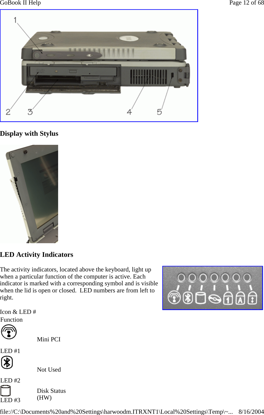  Display with Stylus  LED Activity Indicators The activity indicators, located above the keyboard, light up when a particular function of the computer is active. Each indicator is marked with a corresponding symbol and is visible when the lid is open or closed.  LED numbers are from left to right. Icon &amp; LED # Function     LED #1 Mini PCI      LED #2 Not Used      LED #3 Disk Status (HW)     Page 12 of 68GoBook II Help8/16/2004file://C:\Documents%20and%20Settings\harwoodm.ITRXNT1\Local%20Settings\Temp\~...