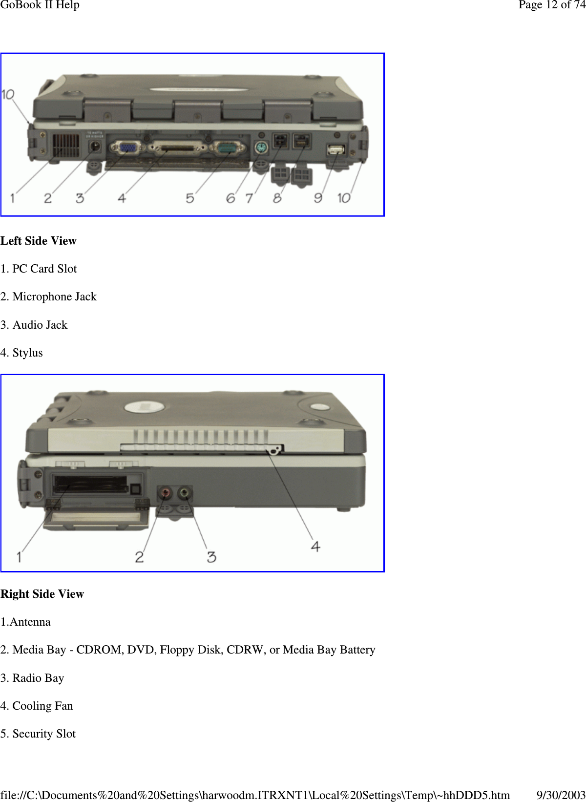 Left Side View1. PC Card Slot2. Microphone Jack3. Audio Jack4. StylusRight Side View1.Antenna2. Media Bay - CDROM, DVD, Floppy Disk, CDRW, or Media Bay Battery3. Radio Bay4. Cooling Fan5. SecuritySlotPage12of74GoBook II Help9/30/2003file://C:\Documents%20and%20Settings\harwoodm.ITRXNT1\Local%20Settings\Temp\~hhDDD5.htm