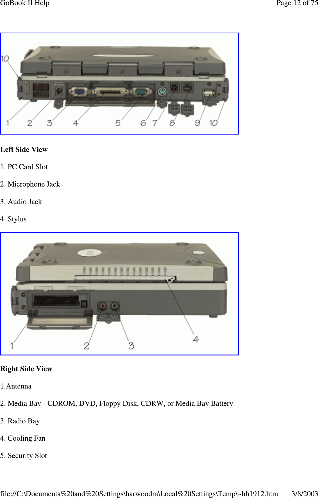 Left Side View1. PC Card Slot2. Microphone Jack3. Audio Jack4. StylusRight Side View1.Antenna2. Media Bay - CDROM, DVD, Floppy Disk, CDRW, or Media Bay Battery3. Radio Bay4. Cooling Fan5. SecuritySlotPage12of75GoBook II Help3/8/2003file://C:\Documents%20and%20Settings\harwoodm\Local%20Settings\Temp\~hh1912.htm