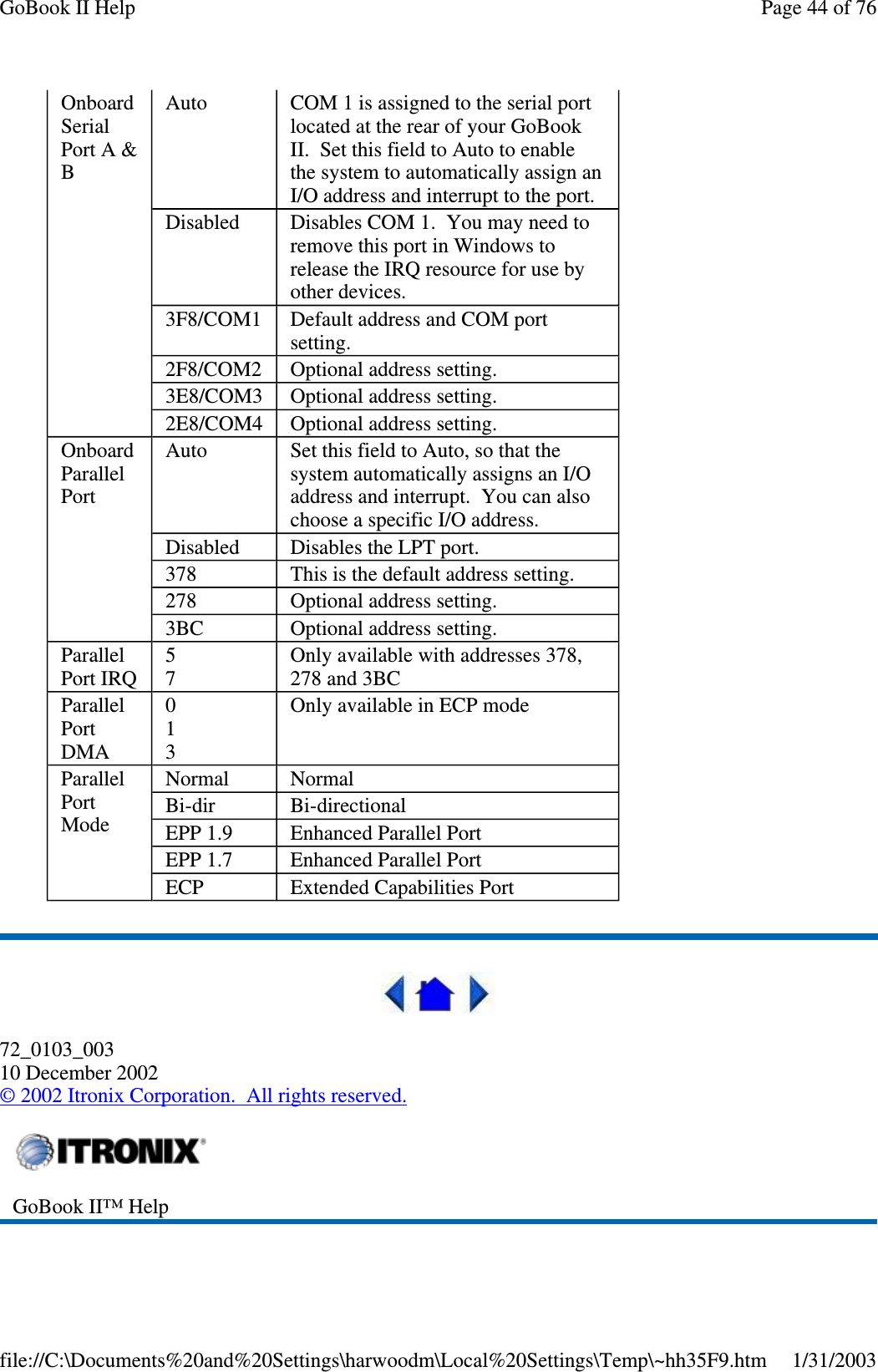 72_0103_00310 December 2002©2002 Itronix Corporation. All rights reserved.OnboardSerialPort A &amp;BAuto COM 1 is assigned to the serial portlocated at the rear of your GoBookII. Set this field to Auto to enablethe system to automatically assign anI/O address and interrupt to the port.Disabled Disables COM 1. You may need toremove this port in Windows torelease the IRQ resource for use byother devices.3F8/COM1 Default address and COM portsetting.2F8/COM2 Optional address setting.3E8/COM3 Optional address setting.2E8/COM4 Optional address setting.OnboardParallelPortAuto Set this field to Auto, so that thesystem automatically assigns an I/Oaddress and interrupt. You can alsochoose a specific I/O address.Disabled Disables the LPT port.378 This is the default address setting.278 Optional address setting.3BC Optional address setting.ParallelPort IRQ57Only available with addresses 378,278 and 3BCParallelPortDMA013Only available in ECP modeParallelPortModeNormal NormalBi-dir Bi-directionalEPP 1.9 Enhanced Parallel PortEPP 1.7 Enhanced Parallel PortECP Extended Capabilities PortGoBook II™ HelpPage44of76GoBook II Help1/31/2003file://C:\Documents%20and%20Settings\harwoodm\Local%20Settings\Temp\~hh35F9.htm