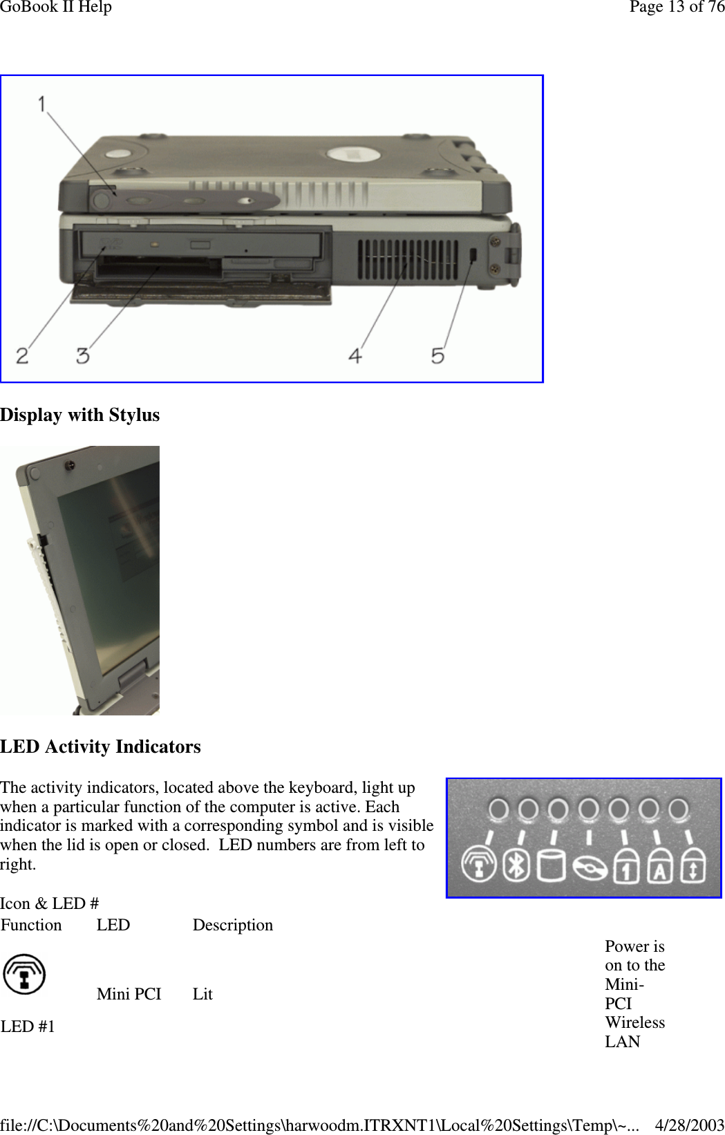 Display with StylusLED Activity IndicatorsThe activity indicators, located above the keyboard, light upwhen a particular function of the computer is active. Eachindicator is marked with a corresponding symbol and is visiblewhen the lid is open or closed. LED numbers are from left toright.Icon &amp; LED #Function LED DescriptionLED #1Mini PCI LitPower ison to theMini-PCIWirelessLANPage13of76GoBook II Help4/28/2003file://C:\Documents%20and%20Settings\harwoodm.ITRXNT1\Local%20Settings\Temp\~...