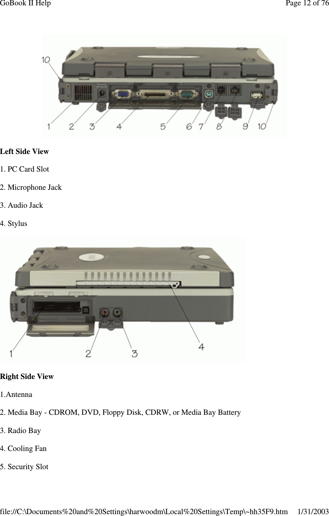 Left Side View1. PC Card Slot2. Microphone Jack3. Audio Jack4. StylusRight Side View1.Antenna2. Media Bay - CDROM, DVD, Floppy Disk, CDRW, or Media Bay Battery3. Radio Bay4. Cooling Fan5. SecuritySlotPage12of76GoBook II Help1/31/2003file://C:\Documents%20and%20Settings\harwoodm\Local%20Settings\Temp\~hh35F9.htm