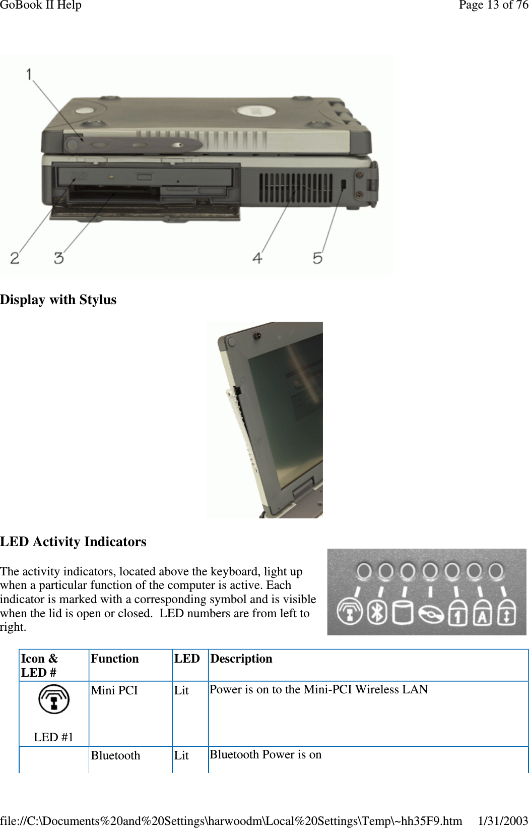 Display with StylusLED Activity IndicatorsThe activity indicators, located above the keyboard, light upwhen a particular function of the computer is active. Eachindicator is marked with a corresponding symbol and is visiblewhen the lid is open or closed. LED numbers are from left toright.Icon &amp;LED #Function LED DescriptionLED #1Mini PCI Lit PowerisontotheMini-PCIWirelessLANBluetooth Lit Bluetooth Power is onPage13of76GoBook II Help1/31/2003file://C:\Documents%20and%20Settings\harwoodm\Local%20Settings\Temp\~hh35F9.htm