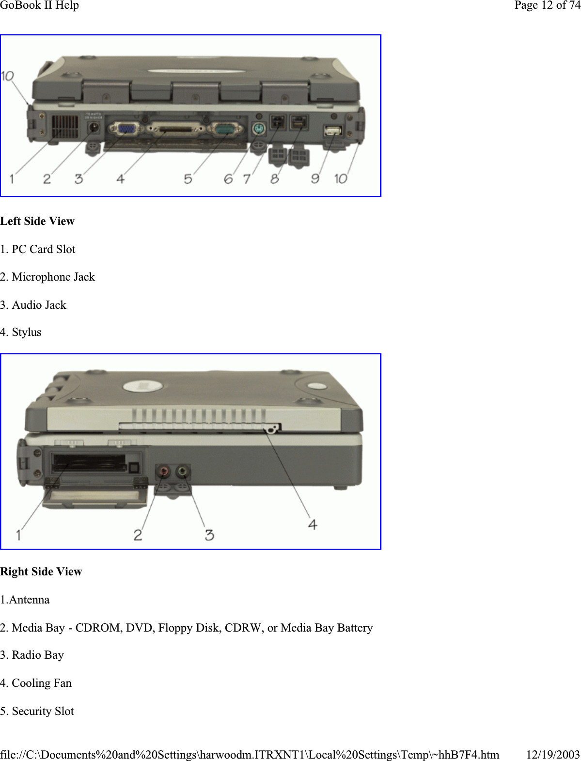 Left Side View1. PC Card Slot2. Microphone Jack3. Audio Jack4. StylusRight Side View1.Antenna2. Media Bay - CDROM, DVD, Floppy Disk, CDRW, or Media Bay Battery3. Radio Bay4. Cooling Fan5. Security SlotPage 12 of 74GoBook II Help12/19/2003file://C:\Documents%20and%20Settings\harwoodm.ITRXNT1\Local%20Settings\Temp\~hhB7F4.htm