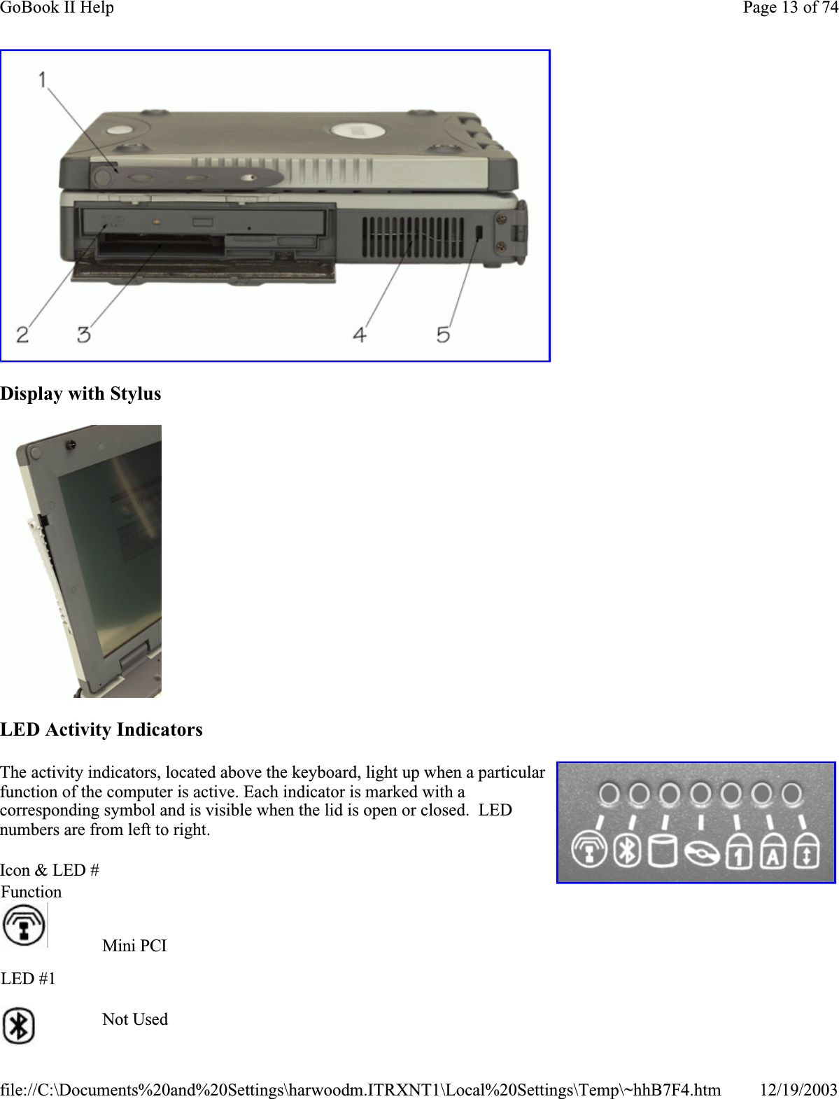 Display with StylusLED Activity IndicatorsThe activity indicators, located above the keyboard, light up when a particular function of the computer is active. Each indicator is marked with a corresponding symbol and is visible when the lid is open or closed.  LEDnumbers are from left to right.Icon &amp; LED #Function  LED #1Mini PCI    Not Used    Page 13 of 74GoBook II Help12/19/2003file://C:\Documents%20and%20Settings\harwoodm.ITRXNT1\Local%20Settings\Temp\~hhB7F4.htm