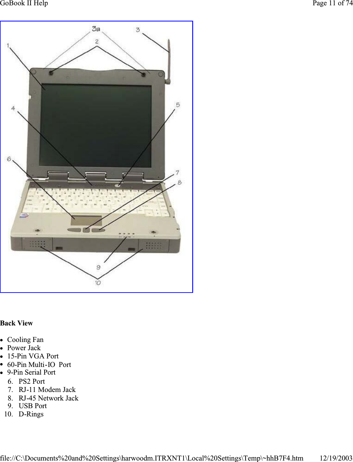  Back ViewzCooling FanzPower Jackz15-Pin VGA Portz60-Pin Multi-IO  Portz9-Pin Serial Port6. PS2 Port7. RJ-11 Modem Jack8. RJ-45 Network Jack9. USB Port10. D-RingsPage 11 of 74GoBook II Help12/19/2003file://C:\Documents%20and%20Settings\harwoodm.ITRXNT1\Local%20Settings\Temp\~hhB7F4.htm