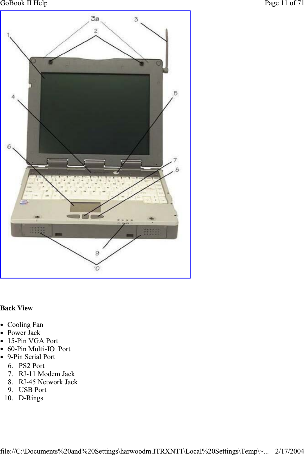  Back ViewzCooling FanzPower Jackz15-Pin VGA Portz60-Pin Multi-IO  Portz9-Pin Serial Port6. PS2 Port7. RJ-11 Modem Jack8. RJ-45 Network Jack9. USB Port10. D-RingsPage 11 of 71GoBook II Help2/17/2004file://C:\Documents%20and%20Settings\harwoodm.ITRXNT1\Local%20Settings\Temp\~...