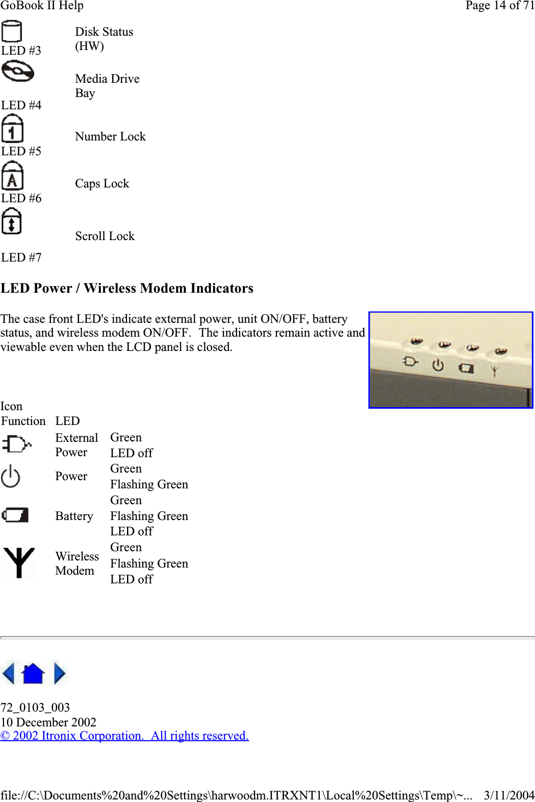LED Power / Wireless Modem IndicatorsThe case front LED&apos;s indicate external power, unit ON/OFF, battery status, and wireless modem ON/OFF.  The indicators remain active and viewable even when the LCD panel is closed.  72_0103_00310 December 2002©2002 Itronix Corporation.  All rights reserved.LED #3Disk Status (HW)    LED #4Media Drive Bay   LED #5Number Lock    LED #6Caps Lock    LED #7Scroll Lock    IconFunction LED  ExternalPowerGreen  LED off Power Green  Flashing Green  BatteryGreen  Flashing Green  LED off  WirelessModemGreen  Flashing Green  LED off Page 14 of 71GoBook II Help3/11/2004file://C:\Documents%20and%20Settings\harwoodm.ITRXNT1\Local%20Settings\Temp\~...