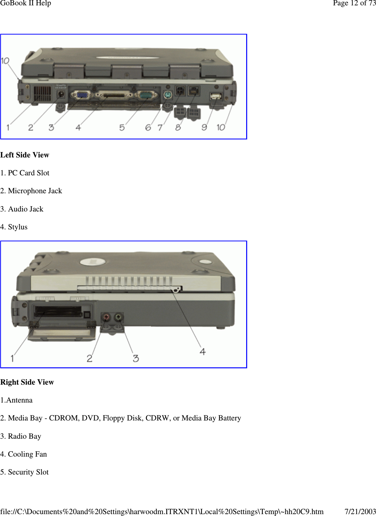 Left Side View1. PC Card Slot2. Microphone Jack3. Audio Jack4. StylusRight Side View1.Antenna2. Media Bay - CDROM, DVD, Floppy Disk, CDRW, or Media Bay Battery3. Radio Bay4. Cooling Fan5. SecuritySlotPage12of73GoBook II Help7/21/2003file://C:\Documents%20and%20Settings\harwoodm.ITRXNT1\Local%20Settings\Temp\~hh20C9.htm