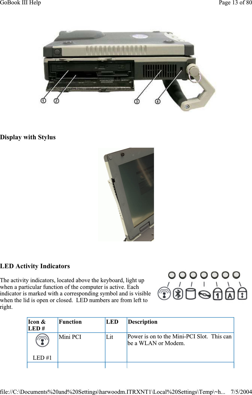 Display with Stylus LED Activity Indicators The activity indicators, located above the keyboard, light up when a particular function of the computer is active. Each indicator is marked with a corresponding symbol and is visible when the lid is open or closed.  LED numbers are from left to right.Icon &amp; LED # Function LED  Description LED #1 Mini PCI  Lit  Power is on to the Mini-PCI Slot.  This can be a WLAN or Modem. Page 13 of 80GoBook III Help7/5/2004file://C:\Documents%20and%20Settings\harwoodm.ITRXNT1\Local%20Settings\Temp\~h...