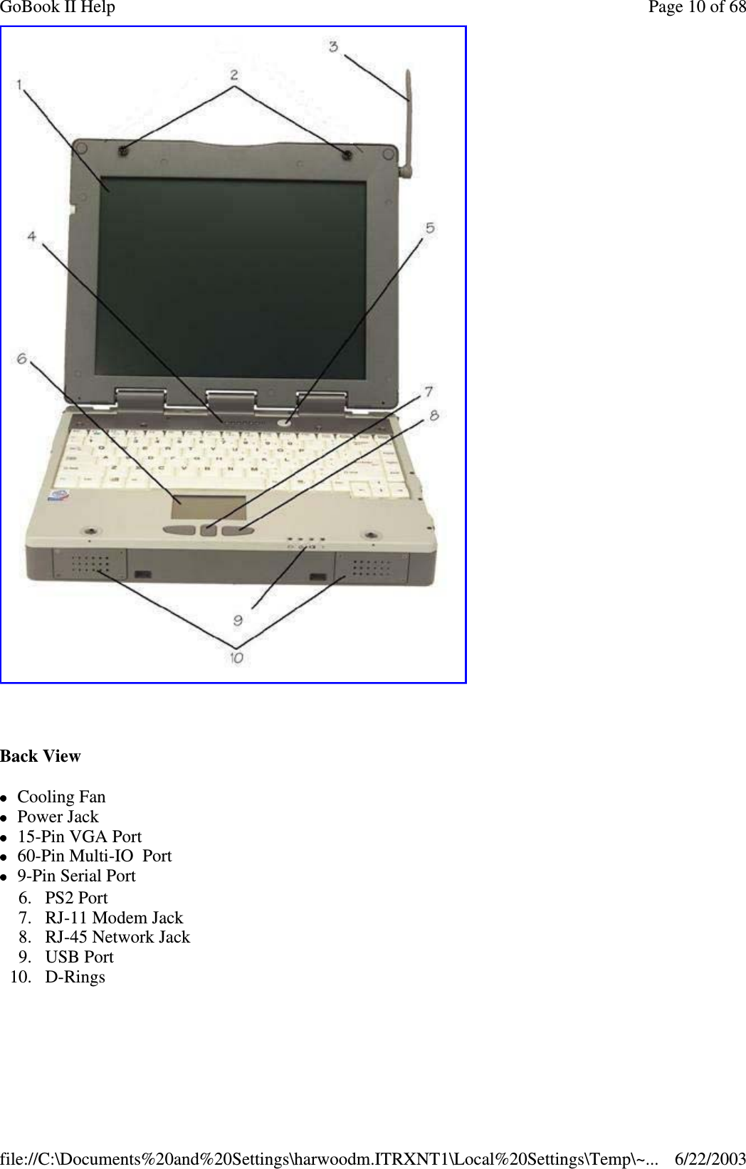 Back ViewCooling FanPower Jack15-Pin VGA Port60-Pin Multi-IO Port9-Pin Serial Port6. PS2 Port7. RJ-11 Modem Jack8. RJ-45 Network Jack9. USB Port10. D-RingsPage10of68GoBook II Help6/22/2003file://C:\Documents%20and%20Settings\harwoodm.ITRXNT1\Local%20Settings\Temp\~...