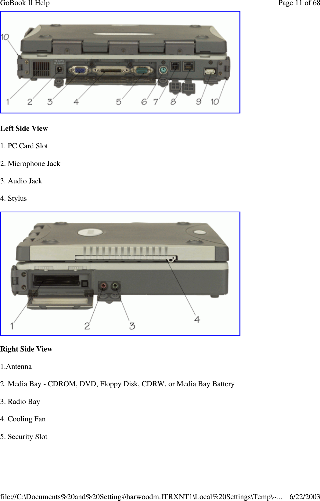 Left Side View1. PC Card Slot2. Microphone Jack3. Audio Jack4. StylusRight Side View1.Antenna2. Media Bay - CDROM, DVD, Floppy Disk, CDRW, or Media Bay Battery3. Radio Bay4. Cooling Fan5. SecuritySlotPage11of68GoBook II Help6/22/2003file://C:\Documents%20and%20Settings\harwoodm.ITRXNT1\Local%20Settings\Temp\~...