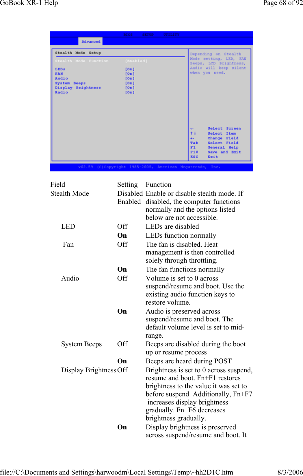  Field Setting Function Stealth Mode  DisabledEnabled Enable or disable stealth mode. If disabled, the computer functions normally and the options listed below are not accessible. LED  Off  LEDs are disabled  On  LEDs function normally  Fan  Off  The fan is disabled. Heat management is then controlled solely through throttling. On  The fan functions normally  Audio   Off  Volume is set to 0 across suspend/resume and boot. Use the existing audio function keys to restore volume. On  Audio is preserved across suspend/resume and boot. The default volume level is set to mid-range.  System Beeps  Off  Beeps are disabled during the boot up or resume process  On  Beeps are heard during POST  Display Brightness Off  Brightness is set to 0 across suspend, resume and boot. Fn+F1 restores brightness to the value it was set to before suspend. Additionally, Fn+F7  increases display brightness gradually. Fn+F6 decreases brightness gradually. On  Display brightness is preserved across suspend/resume and boot. It Page 68 of 92GoBook XR-1 Help8/3/2006file://C:\Documents and Settings\harwoodm\Local Settings\Temp\~hh2D1C.htm