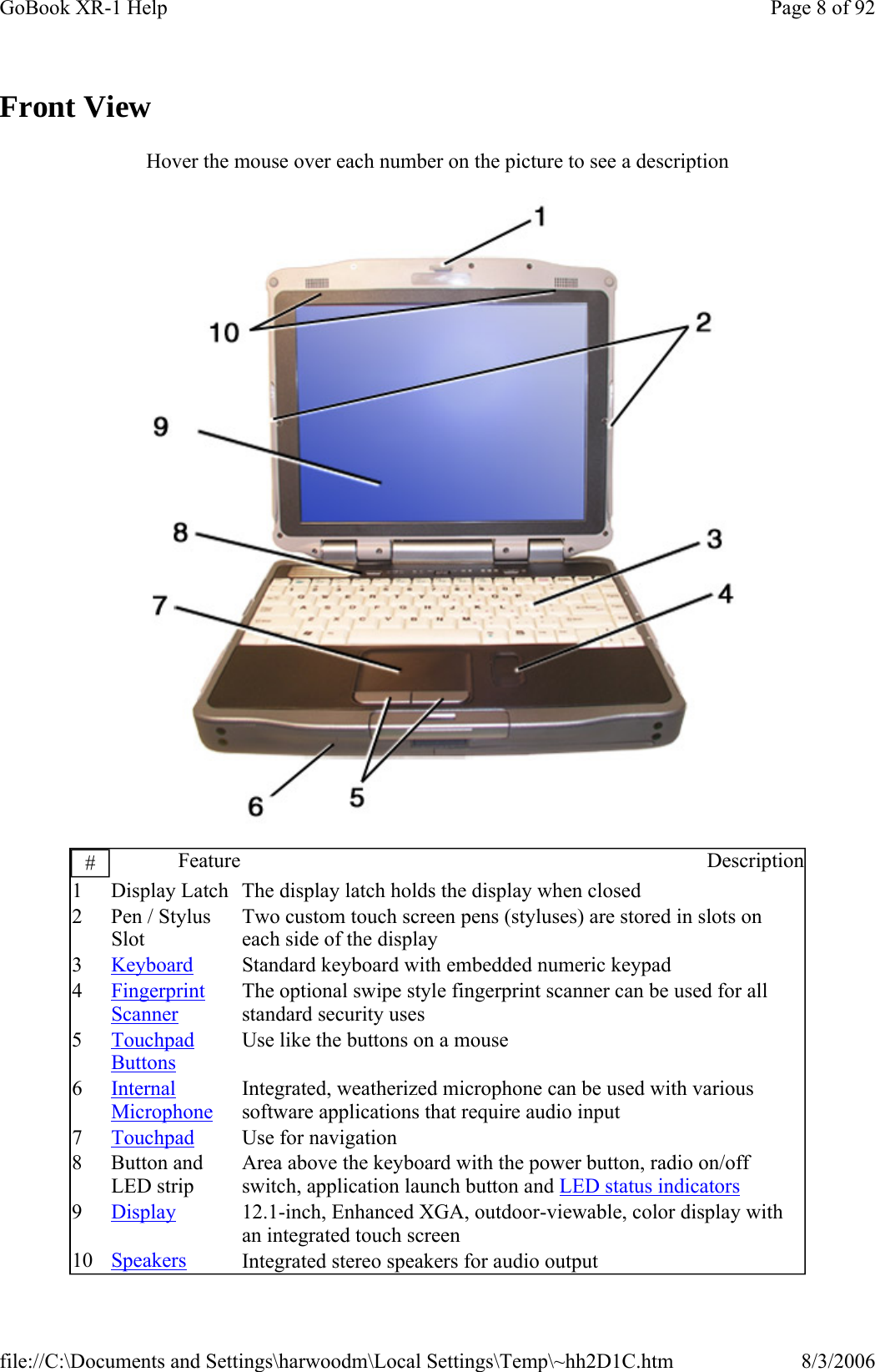 Front View Hover the mouse over each number on the picture to see a description  #  Feature Description1  Display Latch  The display latch holds the display when closed 2  Pen / Stylus Slot Two custom touch screen pens (styluses) are stored in slots on each side of the display 3  Keyboard  Standard keyboard with embedded numeric keypad 4  Fingerprint Scanner The optional swipe style fingerprint scanner can be used for all standard security uses 5  Touchpad Buttons Use like the buttons on a mouse 6  Internal Microphone Integrated, weatherized microphone can be used with various software applications that require audio input 7  Touchpad  Use for navigation 8 Button and LED strip Area above the keyboard with the power button, radio on/off switch, application launch button and LED status indicators 9  Display  12.1-inch, Enhanced XGA, outdoor-viewable, color display with an integrated touch screen 10  Speakers  Integrated stereo speakers for audio output Page 8 of 92GoBook XR-1 Help8/3/2006file://C:\Documents and Settings\harwoodm\Local Settings\Temp\~hh2D1C.htm