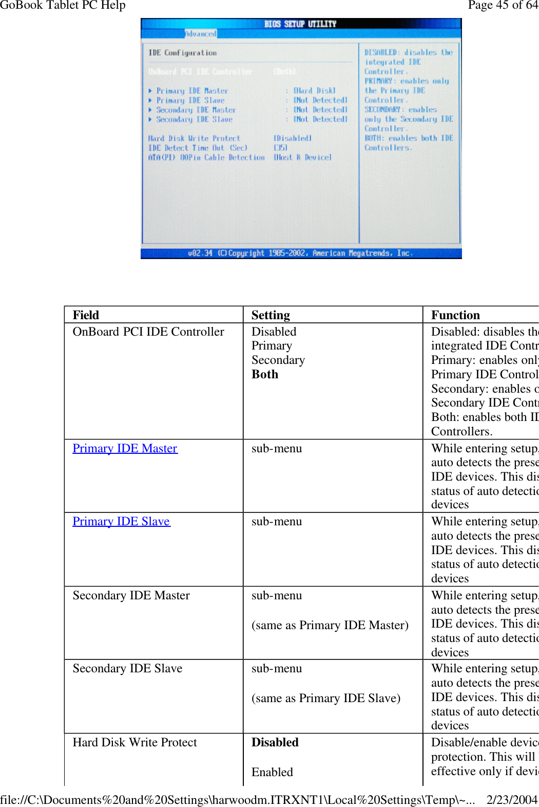    Field  Setting  Function OnBoard PCI IDE Controller Disabled Primary Secondary Both Disabled: disables the integrated IDE Controller. Primary: enables only the Primary IDE Controller. Secondary: enables only the Secondary IDE Controller. Both: enables both IDE Controllers. Primary IDE Master sub-menu While entering setup, BIOS auto detects the presence of IDE devices. This displays the status of auto detection of IDE devices Primary IDE Slave sub-menu While entering setup, BIOS auto detects the presence of IDE devices. This displays the status of auto detection of IDE devices Secondary IDE Master sub-menu (same as Primary IDE Master) While entering setup, BIOS auto detects the presence of IDE devices. This displays the status of auto detection of IDE devices Secondary IDE Slave sub-menu (same as Primary IDE Slave) While entering setup, BIOS auto detects the presence of IDE devices. This displays the status of auto detection of IDE devices Hard Disk Write Protect Disabled Enabled Disable/enable device write protection. This will be effective only if device is Page 45 of 64GoBook Tablet PC Help2/23/2004file://C:\Documents%20and%20Settings\harwoodm.ITRXNT1\Local%20Settings\Temp\~...