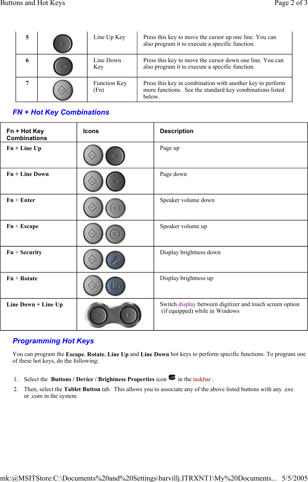 FN + Hot Key Combinations  Programming Hot Keys  5  Line Up Key  Press this key to move the cursor up one line. You can also program it to execute a specific function. 6  Line Down Key Press this key to move the cursor down one line. You can also program it to execute a specific function. 7  Function Key (Fn) Press this key in combination with another key to perform more functions.  See the standard key combinations listed below. Fn + Hot Key Combinations Icons  Description Fn + Line Up   Page up Fn + Line Down   Page down Fn + Enter   Speaker volume down Fn + Escape   Speaker volume up Fn + Security   Display brightness down Fn + Rotate   Display brightness up Line Down + Line Up   Switch display between digitizer and touch screen option  (if equipped) while in Windows You can program the Escape, Rotate, Line Up and Line Down hot keys to perform specific functions. To program one of these hot keys, do the following: 1. Select the  Buttons / Device / Brightness Properties icon   in the taskbar .   2. Then, select the Tablet Button tab.  This allows you to associate any of the above listed buttons with any .exe or .com in the system. Page 2 of 3Buttons and Hot Keys5/5/2005mk:@MSITStore:C:\Documents%20and%20Settings\barvillj.ITRXNT1\My%20Documents...