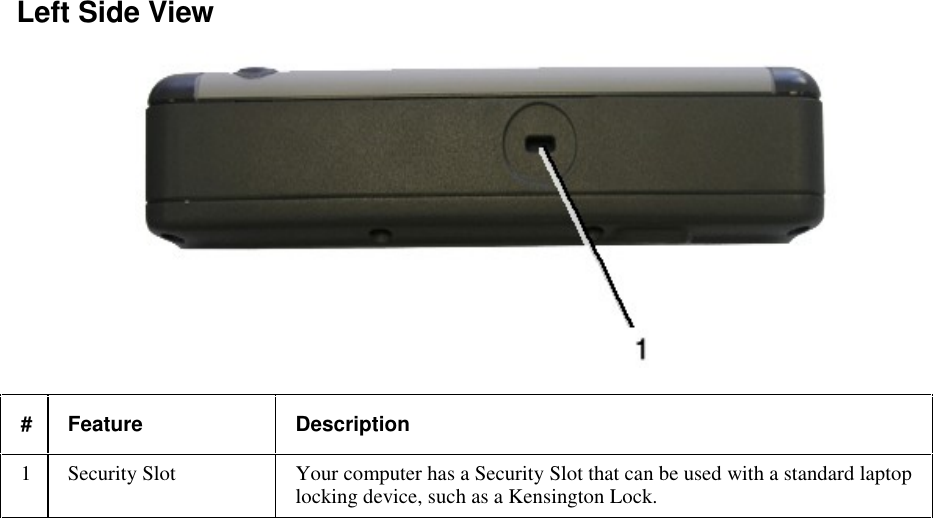   Left Side View  #  Feature  Description 1  Security Slot  Your computer has a Security Slot that can be used with a standard laptop locking device, such as a Kensington Lock. 