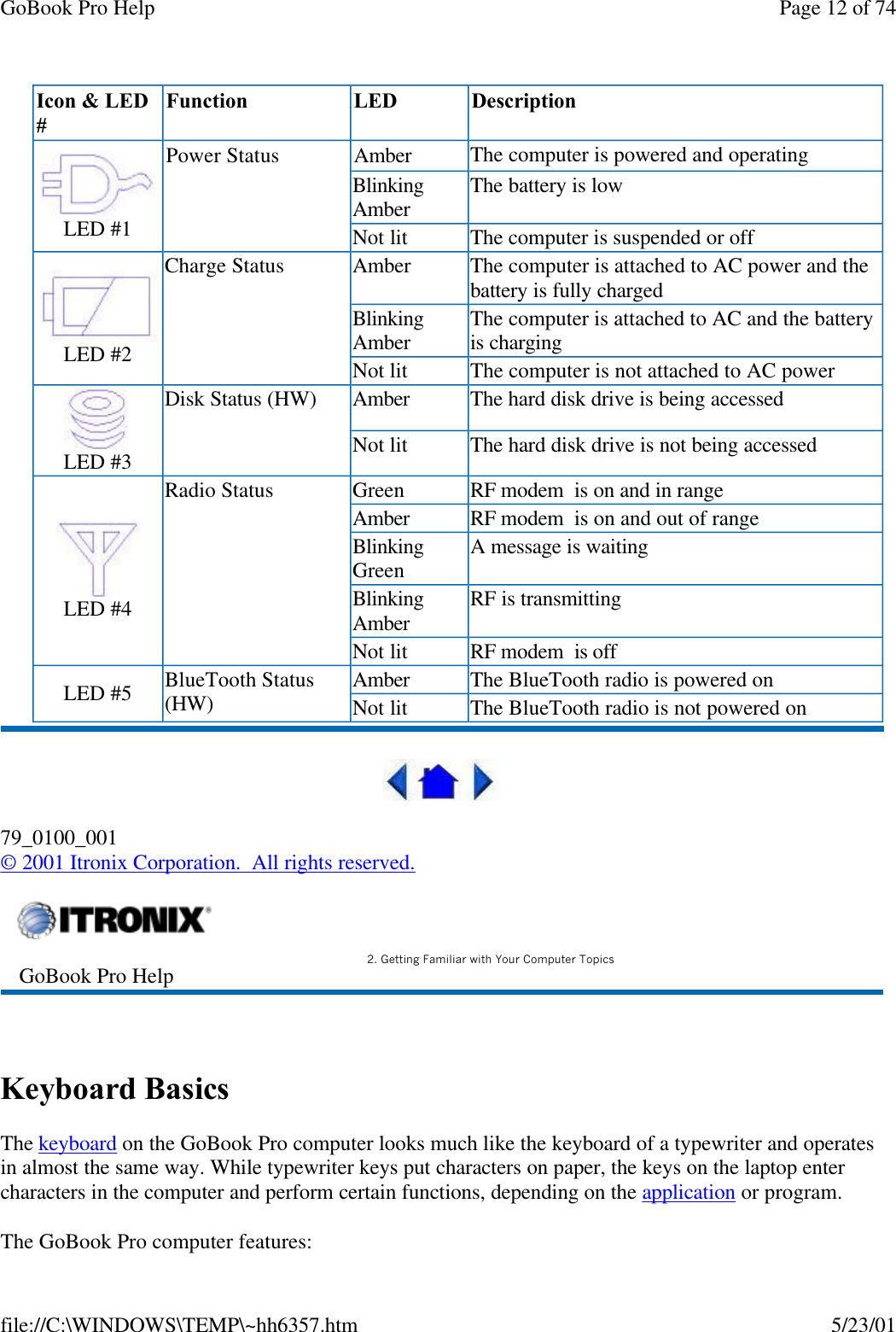 GoBook Pro Help Page 12 of 74file://C:\WINDOWS\TEMP\~hh6357.htm 5/23/0179_0100_001© 2001 Itronix Corporation.  All rights reserved. Keyboard BasicsThe keyboard on the GoBook Pro computer looks much like the keyboard of a typewriter and operates in almost the same way. While typewriter keys put characters on paper, the keys on the laptop enter characters in the computer and perform certain functions, depending on the application or program. The GoBook Pro computer features:Icon &amp; LED #Function LED DescriptionLED #1Power Status Amber  The computer is powered and operatingBlinking Amber  The battery is low Not lit  The computer is suspended or off LED #2Charge Status Amber    The computer is attached to AC power and the battery is fully charged Blinking Amber  The computer is attached to AC and the battery is charging Not lit   The computer is not attached to AC power LED #3Disk Status (HW) Amber The hard disk drive is being accessed Not lit   The hard disk drive is not being accessed LED #4Radio Status Green RF modem  is on and in range Amber RF modem  is on and out of range Blinking Green A message is waiting Blinking Amber RF is transmitting Not lit  RF modem  is off LED #5 BlueTooth Status (HW) Amber The BlueTooth radio is powered on Not lit  The BlueTooth radio is not powered on  GoBook Pro Help 2. Getting Familiar with Your Computer Topics