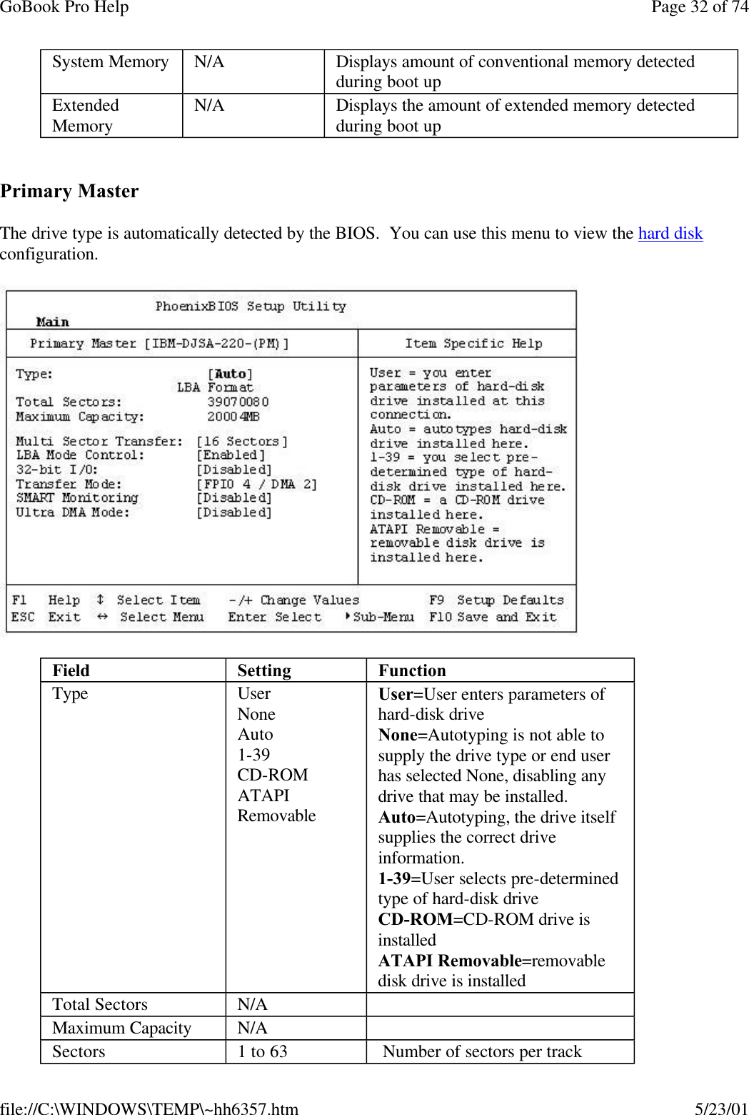 GoBook Pro Help Page 32 of 74file://C:\WINDOWS\TEMP\~hh6357.htm 5/23/01  Primary MasterThe drive type is automatically detected by the BIOS.  You can use this menu to view the hard disk configuration.System Memory N/A Displays amount of conventional memory detected during boot upExtended Memory N/A Displays the amount of extended memory detected during boot upField Setting  FunctionType UserNoneAuto1-39CD-ROMATAPI RemovableUser=User enters parameters of hard-disk driveNone=Autotyping is not able to supply the drive type or end user has selected None, disabling any drive that may be installed.Auto=Autotyping, the drive itself supplies the correct drive information. 1-39=User selects pre-determined type of hard-disk driveCD-ROM=CD-ROM drive is installedATAPI Removable=removable disk drive is installedTotal Sectors N/A  Maximum Capacity N/A  Sectors 1 to 63   Number of sectors per track 