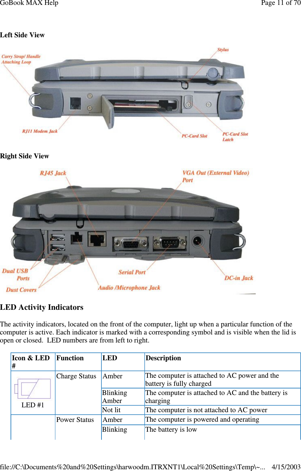 Left Side View  Right Side View  LED Activity Indicators The activity indicators, located on the front of the computer, light up when a particular function of the computer is active. Each indicator is marked with a corresponding symbol and is visible when the lid is open or closed. LED numbers are from left to right. Icon &amp; LED # Function  LED  Description  LED #1 Charge Status  Amber   The computer is attached to AC power and the battery is fully charged  Blinking Amber  The computer is attached to AC and the battery is charging Not lit   The computer is not attached to AC power  Power Status  Amber  The computer is powered and operating Blinking  The battery is low  Page 11 of 70GoBook MAX Help4/15/2003file://C:\Documents%20and%20Settings\harwoodm.ITRXNT1\Local%20Settings\Temp\~...