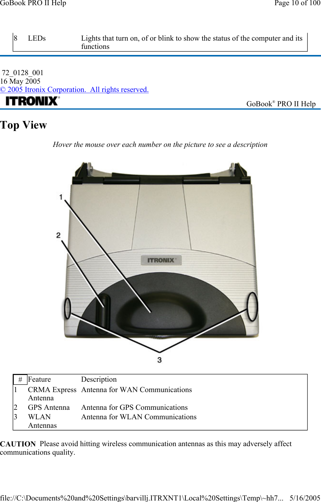Top View Hover the mouse over each number on the picture to see a description  CAUTION  Please avoid hitting wireless communication antennas as this may adversely affect communications quality. 8  LEDs  Lights that turn on, of or blink to show the status of the computer and its functions  72_0128_001 16 May 2005 © 2005 Itronix Corporation.  All rights reserved. GoBook® PRO II Help #  Feature Description 1 CRMA Express Antenna Antenna for WAN Communications 2  GPS Antenna  Antenna for GPS Communications 3 WLAN Antennas Antenna for WLAN Communications Page 10 of 100GoBook PRO II Help5/16/2005file://C:\Documents%20and%20Settings\barvillj.ITRXNT1\Local%20Settings\Temp\~hh7...