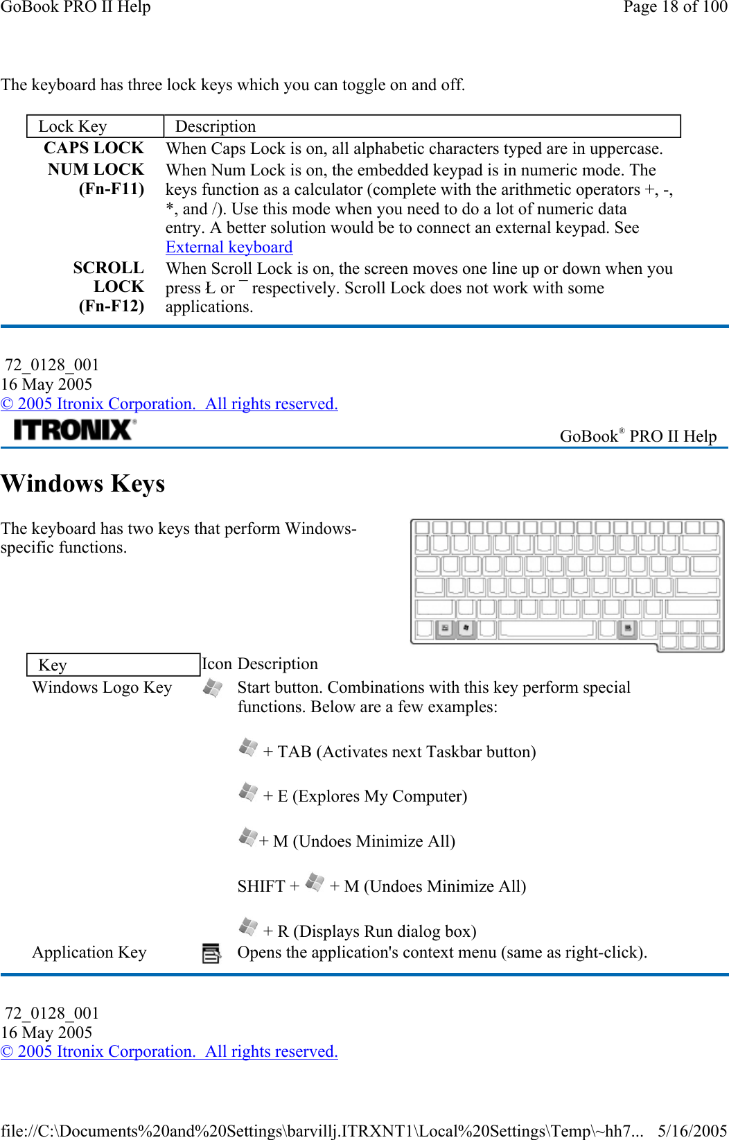 The keyboard has three lock keys which you can toggle on and off. Windows Keys The keyboard has two keys that perform Windows-specific functions. Lock Key  Description CAPS LOCK  When Caps Lock is on, all alphabetic characters typed are in uppercase. NUM LOCK (Fn-F11) When Num Lock is on, the embedded keypad is in numeric mode. The keys function as a calculator (complete with the arithmetic operators +, -, *, and /). Use this mode when you need to do a lot of numeric data  entry. A better solution would be to connect an external keypad. See External keyboard SCROLL LOCK (Fn-F12) When Scroll Lock is on, the screen moves one line up or down when you press Ł or ¯ respectively. Scroll Lock does not work with some applications.  72_0128_001 16 May 2005 © 2005 Itronix Corporation.  All rights reserved. GoBook® PRO II Help Key  Icon Description  Windows Logo Key   Start button. Combinations with this key perform special functions. Below are a few examples:  + TAB (Activates next Taskbar button)  + E (Explores My Computer) + M (Undoes Minimize All) SHIFT +   + M (Undoes Minimize All)  + R (Displays Run dialog box)  Application Key   Opens the application&apos;s context menu (same as right-click).  72_0128_001 16 May 2005 © 2005 Itronix Corporation.  All rights reserved.Page 18 of 100GoBook PRO II Help5/16/2005file://C:\Documents%20and%20Settings\barvillj.ITRXNT1\Local%20Settings\Temp\~hh7...