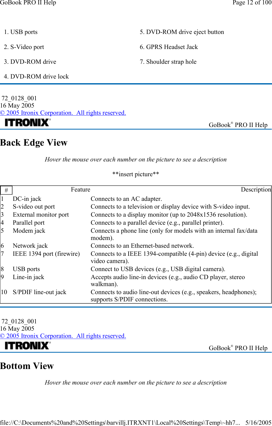 Back Edge View Hover the mouse over each number on the picture to see a description **insert picture** Bottom View Hover the mouse over each number on the picture to see a description 1. USB ports 2. S-Video port  3. DVD-ROM drive 4. DVD-ROM drive lock 5. DVD-ROM drive eject button 6. GPRS Headset Jack 7. Shoulder strap hole  72_0128_001 16 May 2005 © 2005 Itronix Corporation.  All rights reserved. GoBook® PRO II Help #  Feature Description1  DC-in jack  Connects to an AC adapter. 2  S-video out port  Connects to a television or display device with S-video input. 3  External monitor port  Connects to a display monitor (up to 2048x1536 resolution). 4  Parallel port  Connects to a parallel device (e.g., parallel printer). 5  Modem jack  Connects a phone line (only for models with an internal fax/data modem). 6  Network jack  Connects to an Ethernet-based network. 7  IEEE 1394 port (firewire)  Connects to a IEEE 1394-compatible (4-pin) device (e.g., digital video camera).  8  USB ports  Connect to USB devices (e.g., USB digital camera). 9  Line-in jack  Accepts audio line-in devices (e.g., audio CD player, stereo walkman). 10  S/PDIF line-out jack  Connects to audio line-out devices (e.g., speakers, headphones); supports S/PDIF connections.  72_0128_001 16 May 2005 © 2005 Itronix Corporation.  All rights reserved. GoBook® PRO II Help Page 12 of 100GoBook PRO II Help5/16/2005file://C:\Documents%20and%20Settings\barvillj.ITRXNT1\Local%20Settings\Temp\~hh7...