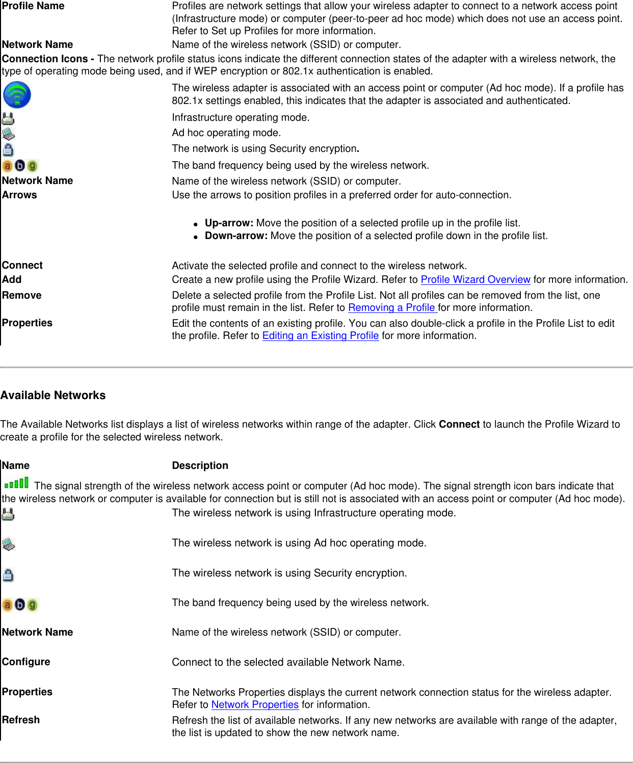 Profile Name Profiles are network settings that allow your wireless adapter to connect to a network access point (Infrastructure mode) or computer (peer-to-peer ad hoc mode) which does not use an access point. Refer to Set up Profiles for more information.Network Name Name of the wireless network (SSID) or computer.Connection Icons - The network profile status icons indicate the different connection states of the adapter with a wireless network, the type of operating mode being used, and if WEP encryption or 802.1x authentication is enabled. The wireless adapter is associated with an access point or computer (Ad hoc mode). If a profile has 802.1x settings enabled, this indicates that the adapter is associated and authenticated.Infrastructure operating mode.   Ad hoc operating mode.The network is using Security encryption.The band frequency being used by the wireless network.Network Name Name of the wireless network (SSID) or computer.Arrows Use the arrows to position profiles in a preferred order for auto-connection.●     Up-arrow: Move the position of a selected profile up in the profile list.●     Down-arrow: Move the position of a selected profile down in the profile list.  Connect  Activate the selected profile and connect to the wireless network.Add  Create a new profile using the Profile Wizard. Refer to Profile Wizard Overview for more information.Remove  Delete a selected profile from the Profile List. Not all profiles can be removed from the list, one profile must remain in the list. Refer to Removing a Profile for more information.Properties  Edit the contents of an existing profile. You can also double-click a profile in the Profile List to edit the profile. Refer to Editing an Existing Profile for more information.Available NetworksThe Available Networks list displays a list of wireless networks within range of the adapter. Click Connect to launch the Profile Wizard to create a profile for the selected wireless network. Name Description The signal strength of the wireless network access point or computer (Ad hoc mode). The signal strength icon bars indicate that the wireless network or computer is available for connection but is still not is associated with an access point or computer (Ad hoc mode).The wireless network is using Infrastructure operating mode. The wireless network is using Ad hoc operating mode.The wireless network is using Security encryption.The band frequency being used by the wireless network.Network Name Name of the wireless network (SSID) or computer.Configure Connect to the selected available Network Name. Properties  The Networks Properties displays the current network connection status for the wireless adapter. Refer to Network Properties for information.Refresh  Refresh the list of available networks. If any new networks are available with range of the adapter, the list is updated to show the new network name.  