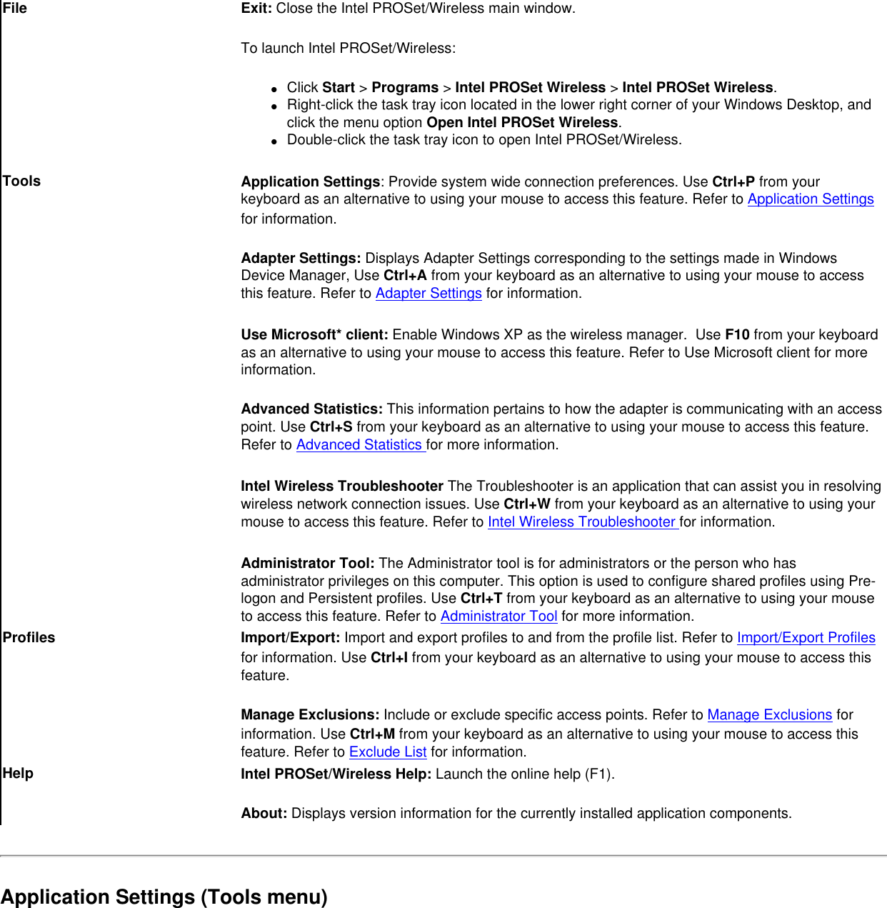File Exit: Close the Intel PROSet/Wireless main window. To launch Intel PROSet/Wireless:●     Click Start &gt; Programs &gt; Intel PROSet Wireless &gt; Intel PROSet Wireless.●     Right-click the task tray icon located in the lower right corner of your Windows Desktop, and click the menu option Open Intel PROSet Wireless.●     Double-click the task tray icon to open Intel PROSet/Wireless.Tools Application Settings: Provide system wide connection preferences. Use Ctrl+P from your keyboard as an alternative to using your mouse to access this feature. Refer to Application Settings for information.  Adapter Settings: Displays Adapter Settings corresponding to the settings made in Windows Device Manager, Use Ctrl+A from your keyboard as an alternative to using your mouse to access this feature. Refer to Adapter Settings for information.Use Microsoft* client: Enable Windows XP as the wireless manager.  Use F10 from your keyboard as an alternative to using your mouse to access this feature. Refer to Use Microsoft client for more information.Advanced Statistics: This information pertains to how the adapter is communicating with an access point. Use Ctrl+S from your keyboard as an alternative to using your mouse to access this feature. Refer to Advanced Statistics for more information.Intel Wireless Troubleshooter The Troubleshooter is an application that can assist you in resolving wireless network connection issues. Use Ctrl+W from your keyboard as an alternative to using your mouse to access this feature. Refer to Intel Wireless Troubleshooter for information.Administrator Tool: The Administrator tool is for administrators or the person who has administrator privileges on this computer. This option is used to configure shared profiles using Pre-logon and Persistent profiles. Use Ctrl+T from your keyboard as an alternative to using your mouse to access this feature. Refer to Administrator Tool for more information.  Profiles Import/Export: Import and export profiles to and from the profile list. Refer to Import/Export Profiles for information. Use Ctrl+I from your keyboard as an alternative to using your mouse to access this feature. Manage Exclusions: Include or exclude specific access points. Refer to Manage Exclusions for information. Use Ctrl+M from your keyboard as an alternative to using your mouse to access this feature. Refer to Exclude List for information.Help Intel PROSet/Wireless Help: Launch the online help (F1).About: Displays version information for the currently installed application components.Application Settings (Tools menu)