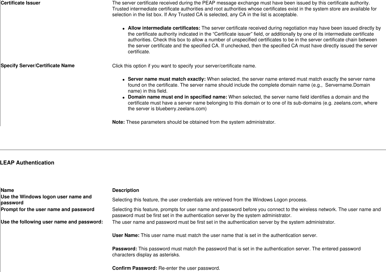 Certificate Issuer The server certificate received during the PEAP message exchange must have been issued by this certificate authority. Trusted intermediate certificate authorities and root authorities whose certificates exist in the system store are available for selection in the list box. If Any Trusted CA is selected, any CA in the list is acceptable.●     Allow intermediate certificates: The server certificate received during negotiation may have been issued directly by the certificate authority indicated in the “Certificate issuer” field, or additionally by one of its intermediate certificate authorities. Check this box to allow a number of unspecified certificates to be in the server certificate chain between the server certificate and the specified CA. If unchecked, then the specified CA must have directly issued the server certificate. Specify Server/Certificate Name Click this option if you want to specify your server/certificate name.●     Server name must match exactly: When selected, the server name entered must match exactly the server name found on the certificate. The server name should include the complete domain name (e.g.,  Servername.Domain name) in this field. ●     Domain name must end in specified name: When selected, the server name field identifies a domain and the certificate must have a server name belonging to this domain or to one of its sub-domains (e.g. zeelans.com, where the server is blueberry.zeelans.com) Note: These parameters should be obtained from the system administrator. LEAP Authentication Name DescriptionUse the Windows logon user name and password Selecting this feature, the user credentials are retrieved from the Windows Logon process. Prompt for the user name and password Selecting this feature, prompts for user name and password before you connect to the wireless network. The user name and password must be first set in the authentication server by the system administrator.Use the following user name and password: The user name and password must be first set in the authentication server by the system administrator.User Name: This user name must match the user name that is set in the authentication server.Password: This password must match the password that is set in the authentication server. The entered password characters display as asterisks. Confirm Password: Re-enter the user password.