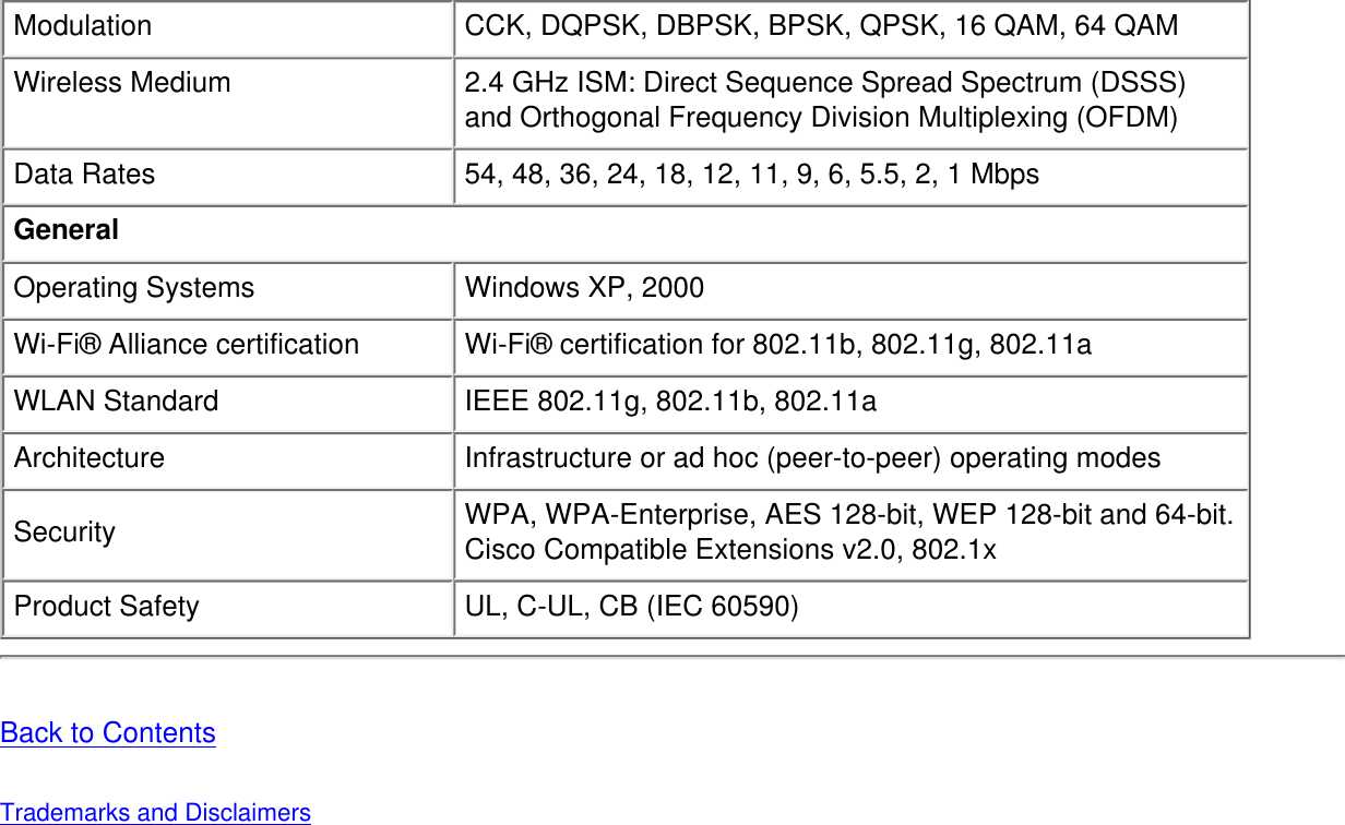 Modulation CCK, DQPSK, DBPSK, BPSK, QPSK, 16 QAM, 64 QAMWireless Medium 2.4 GHz ISM: Direct Sequence Spread Spectrum (DSSS) and Orthogonal Frequency Division Multiplexing (OFDM)Data Rates 54, 48, 36, 24, 18, 12, 11, 9, 6, 5.5, 2, 1 MbpsGeneralOperating Systems Windows XP, 2000Wi-Fi® Alliance certification Wi-Fi® certification for 802.11b, 802.11g, 802.11aWLAN Standard IEEE 802.11g, 802.11b, 802.11aArchitecture Infrastructure or ad hoc (peer-to-peer) operating modesSecurity WPA, WPA-Enterprise, AES 128-bit, WEP 128-bit and 64-bit.Cisco Compatible Extensions v2.0, 802.1x Product Safety UL, C-UL, CB (IEC 60590)Back to ContentsTrademarks and Disclaimers