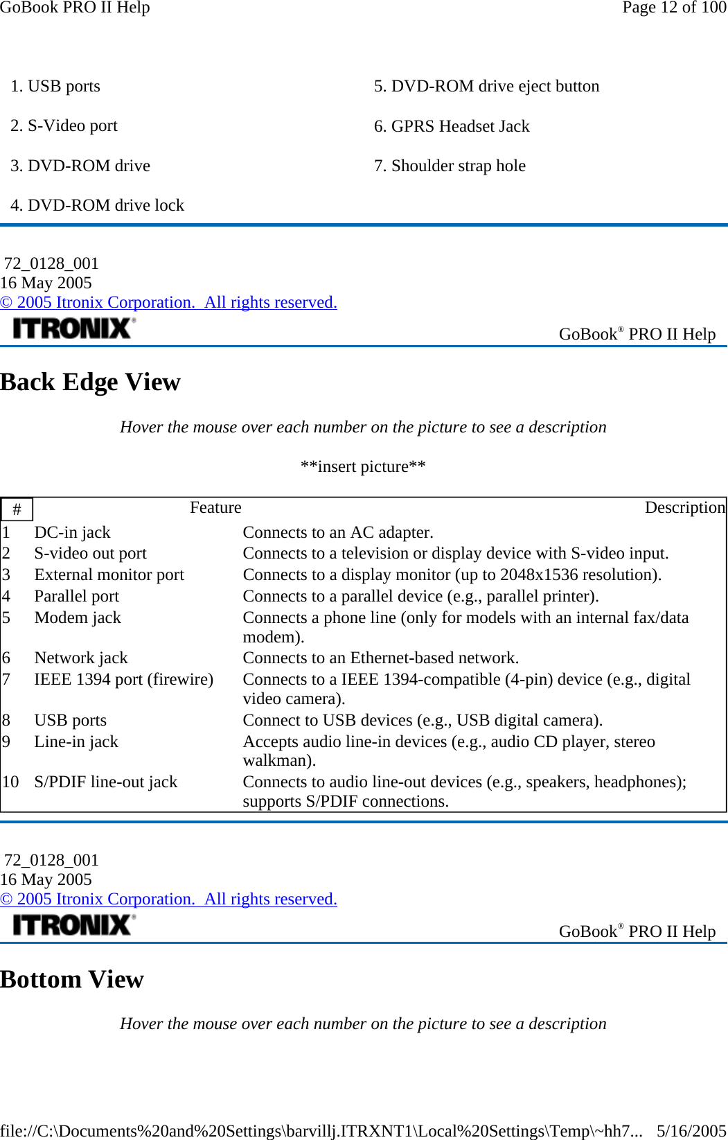 Back Edge View Hover the mouse over each number on the picture to see a description **insert picture** Bottom View Hover the mouse over each number on the picture to see a description 1. USB ports 2. S-Video port  3. DVD-ROM drive 4. DVD-ROM drive lock 5. DVD-ROM drive eject button 6. GPRS Headset Jack 7. Shoulder strap hole  72_0128_001 16 May 2005 © 2005 Itronix Corporation.  All rights reserved. GoBook® PRO II Help #  Feature Description1  DC-in jack  Connects to an AC adapter. 2  S-video out port  Connects to a television or display device with S-video input. 3  External monitor port  Connects to a display monitor (up to 2048x1536 resolution). 4  Parallel port  Connects to a parallel device (e.g., parallel printer). 5  Modem jack  Connects a phone line (only for models with an internal fax/data modem). 6  Network jack  Connects to an Ethernet-based network. 7  IEEE 1394 port (firewire)  Connects to a IEEE 1394-compatible (4-pin) device (e.g., digital video camera).  8  USB ports  Connect to USB devices (e.g., USB digital camera). 9  Line-in jack  Accepts audio line-in devices (e.g., audio CD player, stereo walkman). 10  S/PDIF line-out jack  Connects to audio line-out devices (e.g., speakers, headphones); supports S/PDIF connections.  72_0128_001 16 May 2005 © 2005 Itronix Corporation.  All rights reserved. GoBook® PRO II Help Page 12 of 100GoBook PRO II Help5/16/2005file://C:\Documents%20and%20Settings\barvillj.ITRXNT1\Local%20Settings\Temp\~hh7...