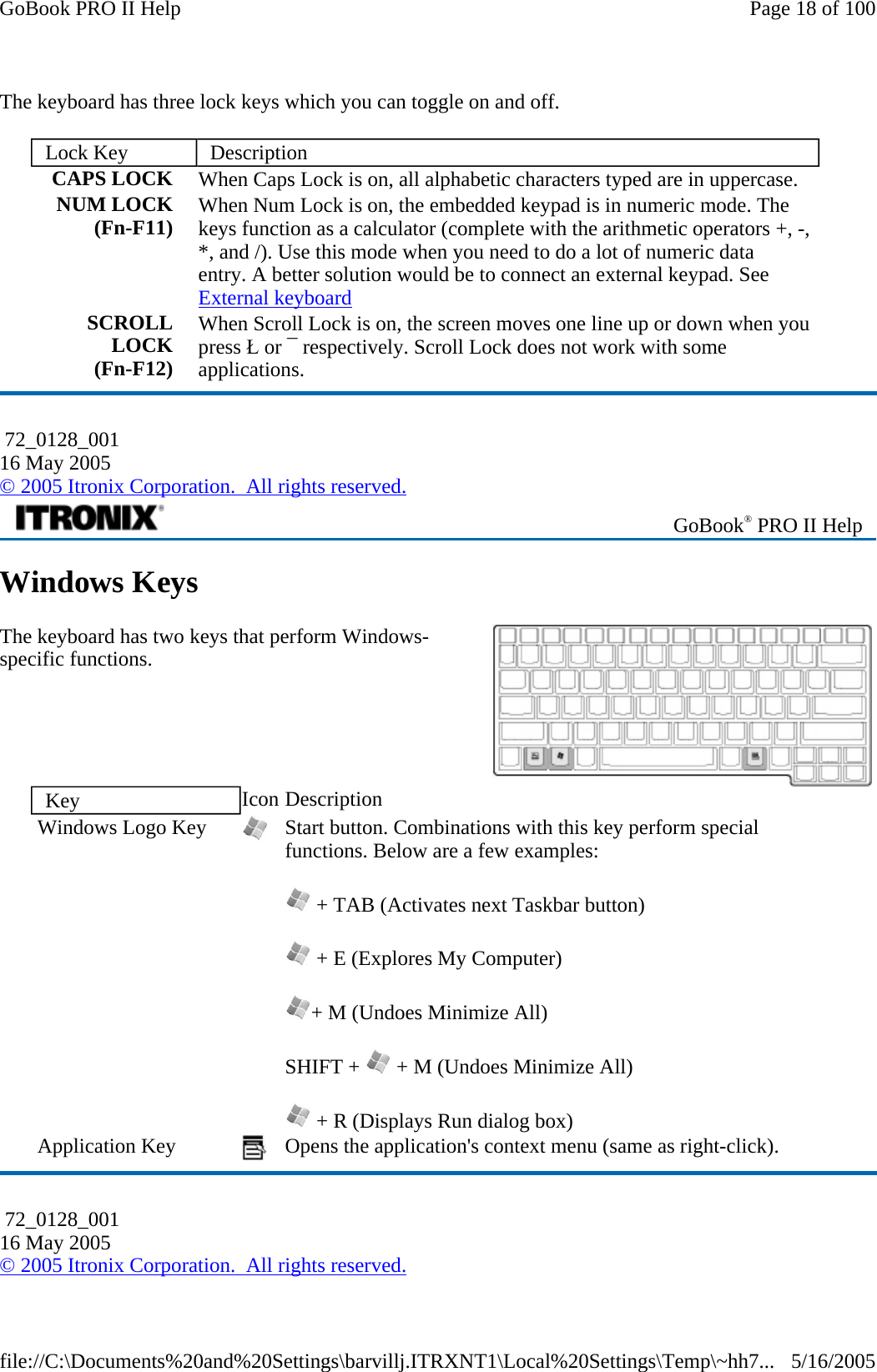 The keyboard has three lock keys which you can toggle on and off. Windows Keys The keyboard has two keys that perform Windows-specific functions. Lock Key  Description CAPS LOCK  When Caps Lock is on, all alphabetic characters typed are in uppercase. NUM LOCK (Fn-F11)  When Num Lock is on, the embedded keypad is in numeric mode. The keys function as a calculator (complete with the arithmetic operators +, -, *, and /). Use this mode when you need to do a lot of numeric data  entry. A better solution would be to connect an external keypad. See External keyboard SCROLL LOCK (Fn-F12) When Scroll Lock is on, the screen moves one line up or down when you press Ł or ¯ respectively. Scroll Lock does not work with some applications.  72_0128_001 16 May 2005 © 2005 Itronix Corporation.  All rights reserved. GoBook® PRO II Help Key  Icon Description  Windows Logo Key   Start button. Combinations with this key perform special functions. Below are a few examples:  + TAB (Activates next Taskbar button)  + E (Explores My Computer) + M (Undoes Minimize All) SHIFT +   + M (Undoes Minimize All)  + R (Displays Run dialog box)  Application Key   Opens the application&apos;s context menu (same as right-click).  72_0128_001 16 May 2005 © 2005 Itronix Corporation.  All rights reserved.Page 18 of 100GoBook PRO II Help5/16/2005file://C:\Documents%20and%20Settings\barvillj.ITRXNT1\Local%20Settings\Temp\~hh7...