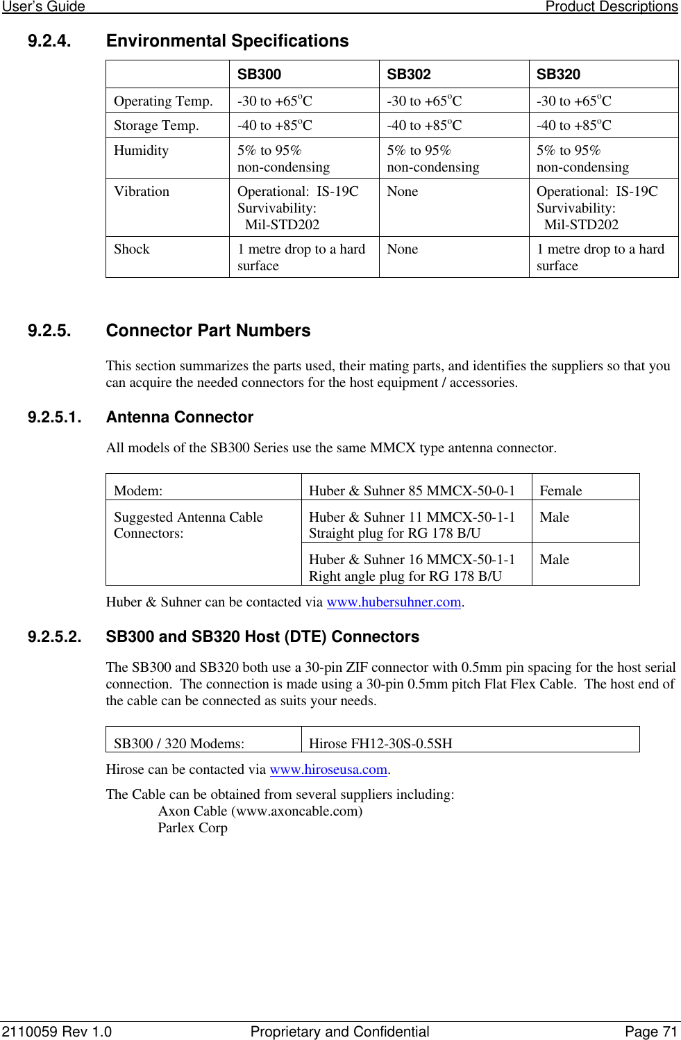 User’s Guide                                                                                                                     Product Descriptions2110059 Rev 1.0 Proprietary and Confidential Page 719.2.4. Environmental SpecificationsSB300 SB302 SB320Operating Temp. -30 to +65oC-30 to +65oC-30 to +65oCStorage Temp. -40 to +85oC-40 to +85oC-40 to +85oCHumidity 5% to 95%non-condensing 5% to 95%non-condensing 5% to 95%non-condensingVibration Operational:  IS-19CSurvivability:  Mil-STD202None Operational:  IS-19CSurvivability:  Mil-STD202Shock 1 metre drop to a hardsurface None 1 metre drop to a hardsurface9.2.5. Connector Part NumbersThis section summarizes the parts used, their mating parts, and identifies the suppliers so that youcan acquire the needed connectors for the host equipment / accessories.9.2.5.1. Antenna ConnectorAll models of the SB300 Series use the same MMCX type antenna connector.Modem: Huber &amp; Suhner 85 MMCX-50-0-1 FemaleHuber &amp; Suhner 11 MMCX-50-1-1Straight plug for RG 178 B/U MaleSuggested Antenna CableConnectors:Huber &amp; Suhner 16 MMCX-50-1-1Right angle plug for RG 178 B/U MaleHuber &amp; Suhner can be contacted via www.hubersuhner.com.9.2.5.2. SB300 and SB320 Host (DTE) ConnectorsThe SB300 and SB320 both use a 30-pin ZIF connector with 0.5mm pin spacing for the host serialconnection.  The connection is made using a 30-pin 0.5mm pitch Flat Flex Cable.  The host end ofthe cable can be connected as suits your needs.SB300 / 320 Modems: Hirose FH12-30S-0.5SHHirose can be contacted via www.hiroseusa.com.The Cable can be obtained from several suppliers including:Axon Cable (www.axoncable.com)Parlex Corp