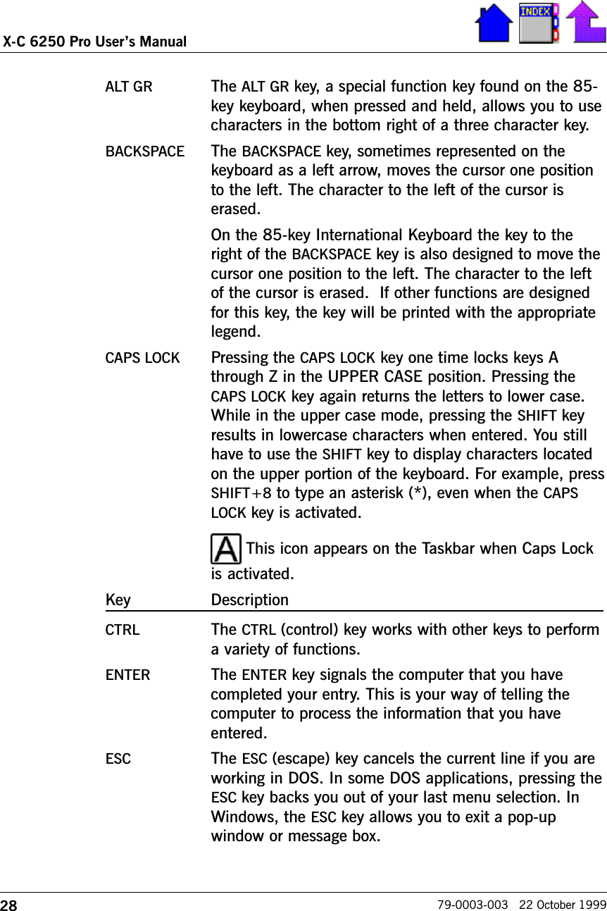 28X-C 6250 Pro Users Manual79-0003-003   22 October 1999ALT GR The ALT GR key, a special function key found on the 85-key keyboard, when pressed and held, allows you to usecharacters in the bottom right of a three character key.BACKSPACE The BACKSPACE key, sometimes represented on thekeyboard as a left arrow, moves the cursor one positionto the left. The character to the left of the cursor iserased.On the 85-key International Keyboard the key to theright of the BACKSPACE key is also designed to move thecursor one position to the left. The character to the leftof the cursor is erased.  If other functions are designedfor this key, the key will be printed with the appropriatelegend.CAPS LOCK Pressing the CAPS LOCK key one time locks keys Athrough Z in the UPPER CASE position. Pressing theCAPS LOCK key again returns the letters to lower case.While in the upper case mode, pressing the SHIFT keyresults in lowercase characters when entered. You stillhave to use the SHIFT key to display characters locatedon the upper portion of the keyboard. For example, pressSHIFT+8 to type an asterisk (*), even when the CAPSLOCK key is activated.  This icon appears on the Taskbar when Caps Lockis activated.Key DescriptionCTRL The CTRL (control) key works with other keys to performa variety of functions.ENTER The ENTER key signals the computer that you havecompleted your entry. This is your way of telling thecomputer to process the information that you haveentered.ESC The ESC (escape) key cancels the current line if you areworking in DOS. In some DOS applications, pressing theESC key backs you out of your last menu selection. InWindows, the ESC key allows you to exit a pop-upwindow or message box.