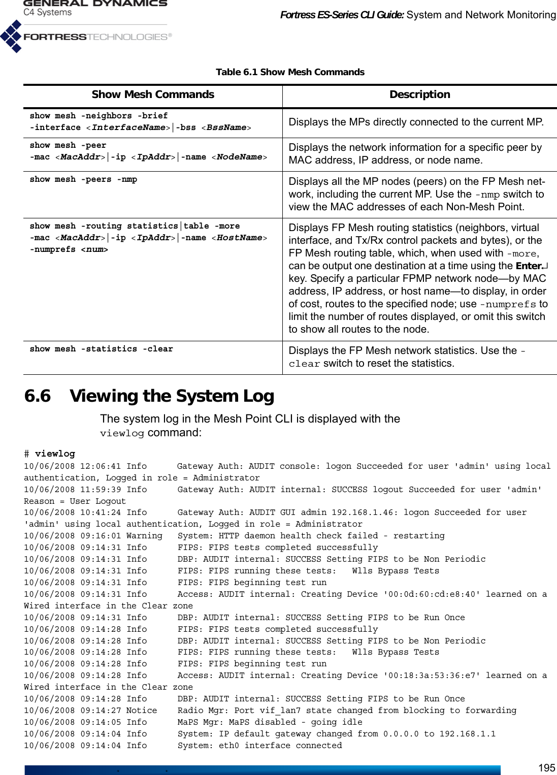 Fortress ES-Series CLI Guide: System and Network Monitoring1956.6 Viewing the System Log The system log in the Mesh Point CLI is displayed with the viewlog command:# viewlog10/06/2008 12:06:41 Info      Gateway Auth: AUDIT console: logon Succeeded for user &apos;admin&apos; using local authentication, Logged in role = Administrator10/06/2008 11:59:39 Info      Gateway Auth: AUDIT internal: SUCCESS logout Succeeded for user &apos;admin&apos; Reason = User Logout10/06/2008 10:41:24 Info      Gateway Auth: AUDIT GUI admin 192.168.1.46: logon Succeeded for user &apos;admin&apos; using local authentication, Logged in role = Administrator10/06/2008 09:16:01 Warning   System: HTTP daemon health check failed - restarting10/06/2008 09:14:31 Info      FIPS: FIPS tests completed successfully10/06/2008 09:14:31 Info      DBP: AUDIT internal: SUCCESS Setting FIPS to be Non Periodic10/06/2008 09:14:31 Info      FIPS: FIPS running these tests:   Wlls Bypass Tests10/06/2008 09:14:31 Info      FIPS: FIPS beginning test run10/06/2008 09:14:31 Info      Access: AUDIT internal: Creating Device &apos;00:0d:60:cd:e8:40&apos; learned on a Wired interface in the Clear zone10/06/2008 09:14:31 Info      DBP: AUDIT internal: SUCCESS Setting FIPS to be Run Once10/06/2008 09:14:28 Info      FIPS: FIPS tests completed successfully10/06/2008 09:14:28 Info      DBP: AUDIT internal: SUCCESS Setting FIPS to be Non Periodic10/06/2008 09:14:28 Info      FIPS: FIPS running these tests:   Wlls Bypass Tests10/06/2008 09:14:28 Info      FIPS: FIPS beginning test run10/06/2008 09:14:28 Info      Access: AUDIT internal: Creating Device &apos;00:18:3a:53:36:e7&apos; learned on a Wired interface in the Clear zone10/06/2008 09:14:28 Info      DBP: AUDIT internal: SUCCESS Setting FIPS to be Run Once10/06/2008 09:14:27 Notice    Radio Mgr: Port vif_lan7 state changed from blocking to forwarding10/06/2008 09:14:05 Info      MaPS Mgr: MaPS disabled - going idle10/06/2008 09:14:04 Info      System: IP default gateway changed from 0.0.0.0 to 192.168.1.110/06/2008 09:14:04 Info      System: eth0 interface connectedshow mesh -neighbors -brief-interface &lt;InterfaceName&gt;|-bss &lt;BssName&gt; Displays the MPs directly connected to the current MP.show mesh -peer -mac &lt;MacAddr&gt;|-ip &lt;IpAddr&gt;|-name &lt;NodeName&gt;Displays the network information for a specific peer by MAC address, IP address, or node name.show mesh -peers -nmpDisplays all the MP nodes (peers) on the FP Mesh net-work, including the current MP. Use the -nmp switch to view the MAC addresses of each Non-Mesh Point.show mesh -routing statistics|table -more-mac &lt;MacAddr&gt;|-ip &lt;IpAddr&gt;|-name &lt;HostName&gt;-numprefs &lt;num&gt;Displays FP Mesh routing statistics (neighbors, virtual interface, and Tx/Rx control packets and bytes), or the FP Mesh routing table, which, when used with -more, can be output one destination at a time using the Enter↵ key. Specify a particular FPMP network node—by MAC address, IP address, or host name—to display, in order of cost, routes to the specified node; use -numprefs to limit the number of routes displayed, or omit this switch to show all routes to the node. show mesh -statistics -clearDisplays the FP Mesh network statistics. Use the -clear switch to reset the statistics.Table 6.1 Show Mesh CommandsShow Mesh Commands Description