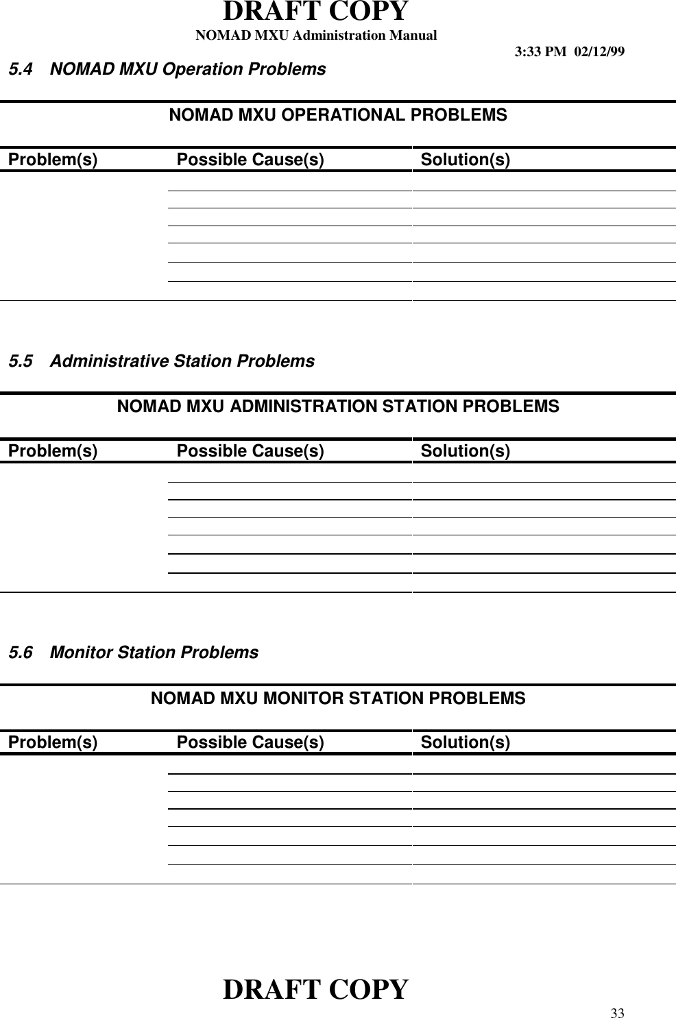 DRAFT COPYNOMAD MXU Administration Manual 3:33 PM  02/12/99DRAFT COPY 335.4  NOMAD MXU Operation ProblemsNOMAD MXU OPERATIONAL PROBLEMSProblem(s) Possible Cause(s) Solution(s)5.5  Administrative Station ProblemsNOMAD MXU ADMINISTRATION STATION PROBLEMSProblem(s) Possible Cause(s) Solution(s)5.6  Monitor Station ProblemsNOMAD MXU MONITOR STATION PROBLEMSProblem(s) Possible Cause(s) Solution(s)