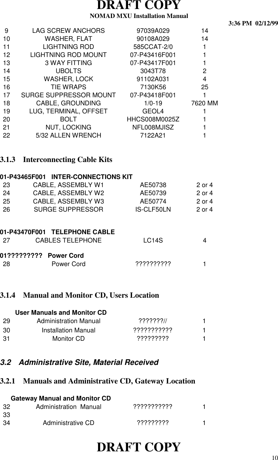 DRAFT COPYNOMAD MXU Installation Manual 3:36 PM  02/12/99DRAFT COPY 109 LAG SCREW ANCHORS 97039A029 1410 WASHER, FLAT 90108A029 1411 LIGHTNING ROD 585CCAT-2/0 112 LIGHTNING ROD MOUNT 07-P43416F001 113 3 WAY FITTING 07-P43417F001 114 UBOLTS 3043T78 215 WASHER, LOCK 91102A031 416 TIE WRAPS 7130K56 2517 SURGE SUPPRESSOR MOUNT 07-P43418F001 118 CABLE, GROUNDING 1/0-19 7620 MM19 LUG, TERMINAL, OFFSET GEOL4 120 BOLT HHCS008M0025Z 121 NUT, LOCKING NFL008MJISZ 122 5/32 ALLEN WRENCH 7122A21 13.1.3 Interconnecting Cable Kits01-P43465F001   INTER-CONNECTIONS KIT23 CABLE, ASSEMBLY W1 AE50738 2 or 424 CABLE, ASSEMBLY W2 AE50739 2 or 425 CABLE, ASSEMBLY W3 AE50774 2 or 426 SURGE SUPPRESSOR IS-CLF50LN 2 or 401-P43470F001   TELEPHONE CABLE27 CABLES TELEPHONE LC14S 401?????????   Power Cord28 Power Cord ?????????? 13.1.4 Manual and Monitor CD, Users LocationUser Manuals and Monitor CD29 Administration Manual ???????// 130 Installation Manual ??????????? 131 Monitor CD ????????? 13.2  Administrative Site, Material Received3.2.1 Manuals and Administrative CD, Gateway LocationGateway Manual and Monitor CD32 Administration  Manual ??????????? 13334 Administrative CD ????????? 1