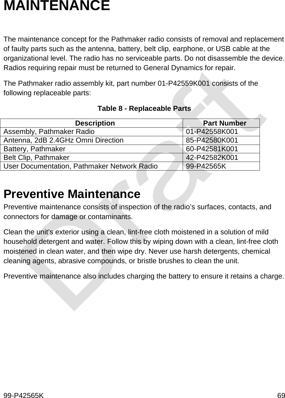  99-P42565K     69  MAINTENANCE  The maintenance concept for the Pathmaker radio consists of removal and replacement of faulty parts such as the antenna, battery, belt clip, earphone, or USB cable at the organizational level. The radio has no serviceable parts. Do not disassemble the device. Radios requiring repair must be returned to General Dynamics for repair.  The Pathmaker radio assembly kit, part number 01-P42559K001 consists of the following replaceable parts: Table 8 - Replaceable Parts Description Part Number Assembly, Pathmaker Radio 01-P42558K001 Antenna, 2dB 2.4GHz Omni Direction 85-P42580K001 Battery, Pathmaker 60-P42581K001 Belt Clip, Pathmaker 42-P42582K001 User Documentation, Pathmaker Network Radio 99-P42565K  Preventive Maintenance Preventive maintenance consists of inspection of the radio’s surfaces, contacts, and connectors for damage or contaminants.  Clean the unit’s exterior using a clean, lint-free cloth moistened in a solution of mild household detergent and water. Follow this by wiping down with a clean, lint-free cloth moistened in clean water, and then wipe dry. Never use harsh detergents, chemical cleaning agents, abrasive compounds, or bristle brushes to clean the unit.  Preventive maintenance also includes charging the battery to ensure it retains a charge.     