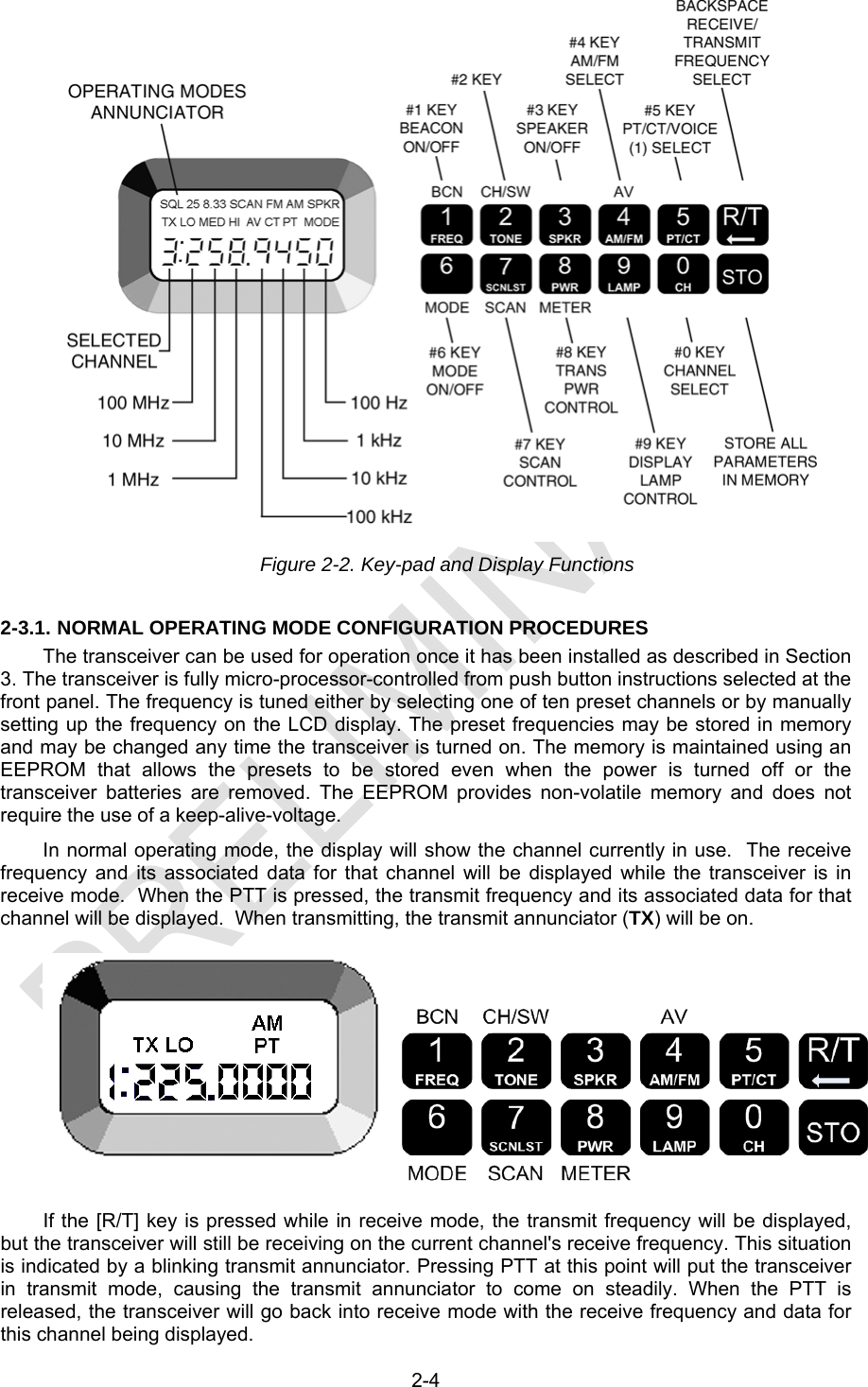  2-4  Figure 2-2. Key-pad and Display Functions  2-3.1. NORMAL OPERATING MODE CONFIGURATION PROCEDURES The transceiver can be used for operation once it has been installed as described in Section 3. The transceiver is fully micro-processor-controlled from push button instructions selected at the front panel. The frequency is tuned either by selecting one of ten preset channels or by manually setting up the frequency on the LCD display. The preset frequencies may be stored in memory and may be changed any time the transceiver is turned on. The memory is maintained using an EEPROM that allows the presets to be stored even when the power is turned off or the transceiver batteries are removed. The EEPROM provides non-volatile memory and does not require the use of a keep-alive-voltage. In normal operating mode, the display will show the channel currently in use.  The receive frequency and its associated data for that channel will be displayed while the transceiver is in receive mode.  When the PTT is pressed, the transmit frequency and its associated data for that channel will be displayed.  When transmitting, the transmit annunciator (TX) will be on.  If the [R/T] key is pressed while in receive mode, the transmit frequency will be displayed, but the transceiver will still be receiving on the current channel&apos;s receive frequency. This situation is indicated by a blinking transmit annunciator. Pressing PTT at this point will put the transceiver in transmit mode, causing the transmit annunciator to come on steadily. When the PTT is released, the transceiver will go back into receive mode with the receive frequency and data for this channel being displayed. 