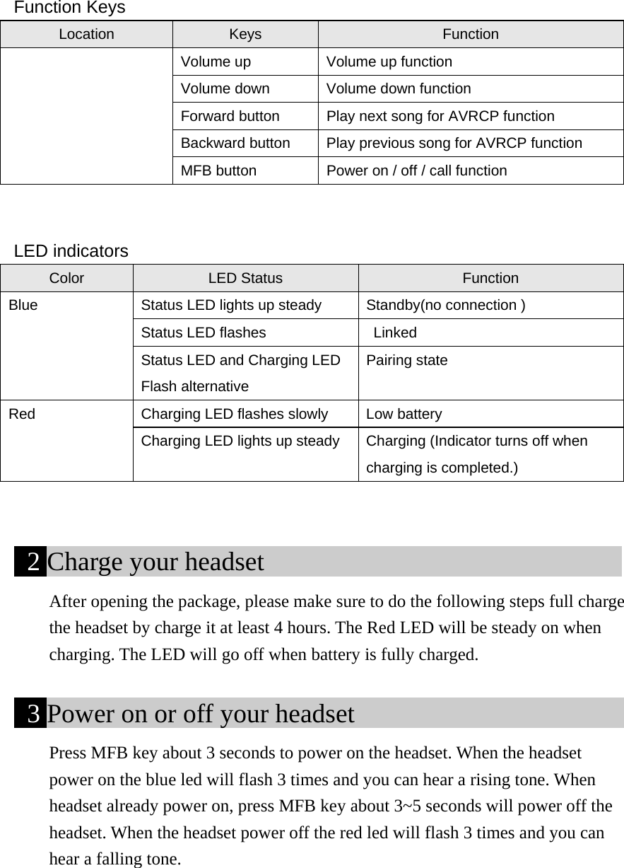Function Keys Location  Keys  Function   Volume up  Volume up function   Volume down  Volume down function Forward button  Play next song for AVRCP function Backward button  Play previous song for AVRCP function MFB button  Power on / off / call function   LED indicators Color  LED Status  Function Blue  Status LED lights up steady  Standby(no connection ) Status LED flashes      Linked Status LED and Charging LED Flash alternative     Pairing state Red  Charging LED flashes slowly  Low battery   Charging LED lights up steady  Charging (Indicator turns off when charging is completed.)   2 Charge your headset                            After opening the package, please make sure to do the following steps full charge the headset by charge it at least 4 hours. The Red LED will be steady on when charging. The LED will go off when battery is fully charged.   3 Power on or off your headset                            Press MFB key about 3 seconds to power on the headset. When the headset power on the blue led will flash 3 times and you can hear a rising tone. When headset already power on, press MFB key about 3~5 seconds will power off the headset. When the headset power off the red led will flash 3 times and you can hear a falling tone.        