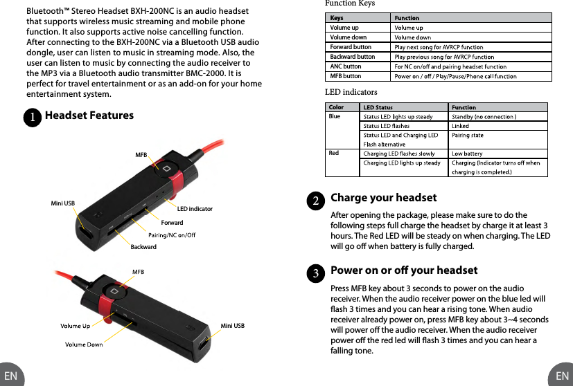 Bluetooth™ Stereo Headset BXH-200NC is an audio headset that supports wireless music streaming and mobile phone function. It also supports active noise cancelling function. After connecting to the BXH-200NC via a Bluetooth USB audio dongle, user can listen to music in streaming mode. Also, the user can listen to music by connecting the audio receiver to the MP3 via a Bluetooth audio transmitter BMC-2000. It is perfect for travel entertainment or as an add-on for your home entertainment system. Headset  Features                                                             Charge  your  headset                           Power  on  or  o  your  headset                                                             Function KeysLED indicatorsAfter opening the package, please make sure to do the following steps full charge the headset by charge it at least 3 hours. The Red LED will be steady on when charging. The LED will go o when battery is fully charged.Press MFB key about 3 seconds to power on the audio receiver. When the audio receiver power on the blue led will ash 3 times and you can hear a rising tone. When audio receiver already power on, press MFB key about 3~4 seconds will power o the audio receiver. When the audio receiver power o the red led will ash 3 times and you can hear a falling tone.ColorBlueRed123KeysVolume upVolume downForward buttonBackward buttonANC buttonMFB buttonVolume UpVolume DownMini USBMFBMini USBForwardLED indicatorBackwardMFBEN EN