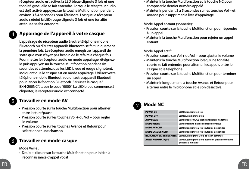 Travailler en mode AV Travailler en mode casque                                                                        •  Pression courte sur la touche Multifonction pour alterner    entre lecture/pause•  Pression courte sur les touches Vol + ou Vol – pour régler     le volume•  Pression courte sur les touches Avance et Retour pour     sélectionner une chansonMode Veille :•  Double-cliquer sur la touche Multifonction pour initier la     reconnaissance d’appel vocal56Appairage de l’appareil à votre casque L’appairage du récepteur audio à votre téléphone mobile Bluetooth ou d’autres appareils Bluetooth se fait uniquement la première fois. Le récepteur audio enregistre l’appareil de sorte que vous n’ayez pas besoin de le refaire à chaque fois. Pour mettre le récepteur audio en mode appairage, éteignez-le puis appuyez sur la touche Multifonction pendant six secondes et attendez que les LED bleue et rouge clignotent, indiquant que le casque est en mode appairage. Utilisez votre téléphone mobile Bluetooth ou un autre appareil Bluetooth pour lancer la fonction Bluetooth. Saisissez le casque “ BXH-200NC “, tapez le code “0000”. La LED bleue commence à clignoter, le récepteur audio est connecté.4Mode NC                           •  Maintenir la touche Multifonction et la touche NC pour     composer le dernier numéro appelé•  Maintenir pendant 3 à 5 secondes sur les touches Vol – et     Avance pour supprimer la liste d’appairageMode Appel entrant (sonnerie):•  Pression courte sur la touche Multifonction pour répondre     à un appel•  Maintenir la touche Multifonction pour rejeter un appel     entrantMode Appel actif :•  Pression courte sur Vol + ou Vol – pour ajuster le volume•  Maintenir la touche Multifonction lorsqu’une tonalité     courte se fait entendre pour alterner les appels entre le     casque et le téléphone•  Pression courte sur la touche Multifonction pour terminer     un appel•  Maintenir longuement la touche Avance et Retour pour     alterner entre le microphone et le son désactivé.7POWER ONPOWER OFFAPPAIRAGEMODE VEILLEMODE AV ACTIFMODE CASQUE ACTIFINDICATION BATTERIE FAIBLEARRET AUTOMATIQUELED Bleue clignote 3 foisLED Rouge clignote 3 foisLED Bleue et ROUGE clignotent de façon alternéeLED Bleue reste allumée de façon continueLED Bleue clignote 2 fois toutes les 2 secondes LED Bleue clignote 1 fois toutes les 2 secondesLED Rouge clignote 2 fois de façon continueLED Rouge clignote 3 fois et s’éteint (pas de connexion pendant 5 minutes)récepteur audio est activé, la LED bleue clignote 3 fois et une tonalité graduelle se fait entendre. Lorsque le récepteur audio est déjà activé, appuyez sur la touche Multifonction pendant environ 3 à 4 secondes pour l’éteindre. Lorsque le récepteur audio s’éteint la LED rouge clignote 3 fois et une tonalité atténuée se fait entendre.FR FR