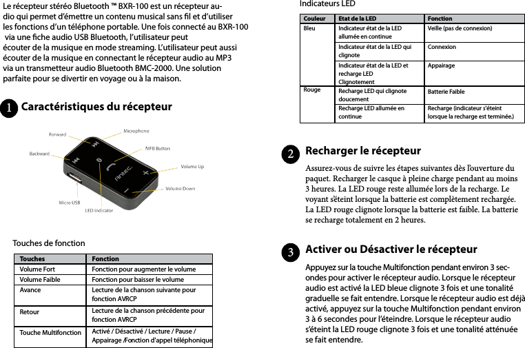 Le récepteur stéréo Bluetooth ™ BXR-100 est un récepteur au-dio qui permet d’émettre un contenu musical sans l et d’utiliser les fonctions d’un téléphone portable. Une fois connecté au BXR-100 via une che audio USB Bluetooth, l’utilisateur peut écouter de la musique en mode streaming. L’utilisateur peut aussi écouter de la musique en connectant le récepteur audio au MP3 via un transmetteur audio Bluetooth BMC-2000. Une solution parfaite pour se divertir en voyage ou à la maison.Caractéristiques du récepteur                         Recharger le récepteur                          Activer ou  Désactiver  le  récepteur                                                                               Touches de fonctionIndicateurs LEDAssurez-vous de suivre les étapes suivantes dès l’ouverture du paquet. Recharger le casque à pleine charge pendant au moins 3 heures. La LED rouge reste allumée lors de la recharge. Le voyant s’éteint lorsque la batterie est complètement rechargée. La LED rouge clignote lorsque la batterie est faible. La batterie se recharge totalement en 2 heures.  Appuyez sur la touche Multifonction pendant environ 3 sec-ondes pour activer le récepteur audio. Lorsque le récepteur audio est activé la LED bleue clignote 3 fois et une tonalité graduelle se fait entendre. Lorsque le récepteur audio est déjà activé, appuyez sur la touche Multifonction pendant environ 3 à 6 secondes pour l’éteindre. Lorsque le récepteur audio s’éteint la LED rouge clignote 3 fois et une tonalité atténuée se fait entendre.123TouchesVolume FortVolume FaibleAvanceRetourTouche MultifonctionFonctionFonction pour augmenter le volumeFonction pour baisser le volume Lecture de la chanson suivante pour fonction AVRCPLecture de la chanson précédente pour fonction AVRCPActivé / Désactivé / Lecture / Pause / Appairage / Fonction d&apos;appel téléphoniqueEtat de la LEDIndicateur état de la LED allumée en continueIndicateur état de la LED quiclignoteIndicateur état de la LED et recharge LED Clignotement Recharge LED qui clignote doucementRecharge LED allumée en continueCouleurBleuRougeFonctionVeille (pas de connexion)ConnexionAppairageBatterie Faible Recharge (indicateur s&apos;éteint lorsque la recharge est terminée.)